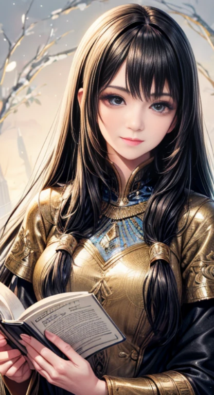 (highest quality, High resolution, Super detailed), single, mature woman, Upper body, long hair girl, black hair girl, have a book, Fantastic, winter, smile, Super detailed eyes, Super detailed face, Super detailed dress, An illustration, warm tones, soft lighting.