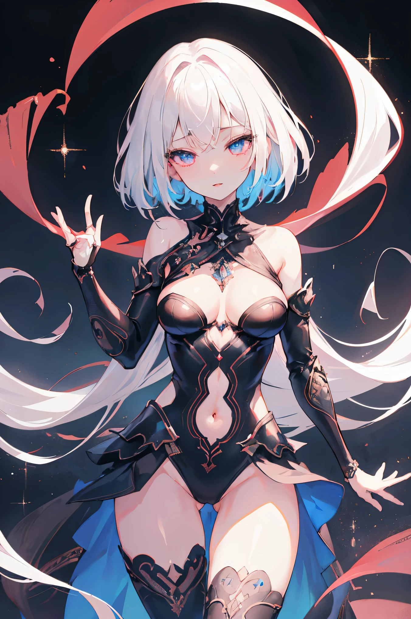 1girl, anime, cute girl, blank background, white background, fantasy, detailed fantasy dress with highlights, beautiful face, beautiful eyes, dark colors, black hair with multicolor streaks, red eye with different color pupil in eye, multicolor eye, medium small breasts (slightly big), slight cleavage, beautiful skin, cute, breast curtains, extremely delicate and beautiful, (beautiful detailed face:1.0), (detailed deep eyes), symmetrical breasts, deep eyes, shiny skin, portrait, slender waist, hips wider than shoulders, thighs, expressionless, young girl, luminous eyes, adorable，（Kpop idol）,（aegyo sal：1），（Platinum blonde hair：1），（（puffy eye）），Black panty，sexy posture，Superskirt, ultra high resolution，Black collar，slim figure, Abdominal y tattoo, womb tattoo，Tight-fitting leg ring，y tattoo on half-body，Bare skin, Armored hand，Hidden fingertips，Hand covered，Arm covered，Fist covered,{{beautiful detailed fingers}}, tufts of hair, moderate beautiful breast:1.0,(masterpiece:1.2), best quality, high-res, HDR, perfect face, intricate armor, delicate blue filigree, intricate filigree, red metalic parts, detailed part, dynamic pose, dynamic lights, cute face