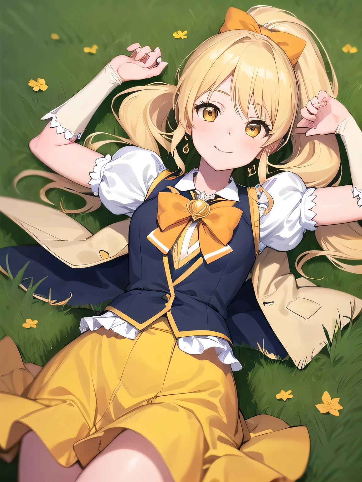 masterpiece, best quality, absurdres, perfect anatomy, 1girl, solo, cureHoney, blonde hair, ponytail, bow, brooch, yellow skirt, vest, puffy sleeves, wrist cuffs, smile, solo, on back, arms up, spread arms, cowboy shot, closed mouth, looking at viewer, on grass, in the center,