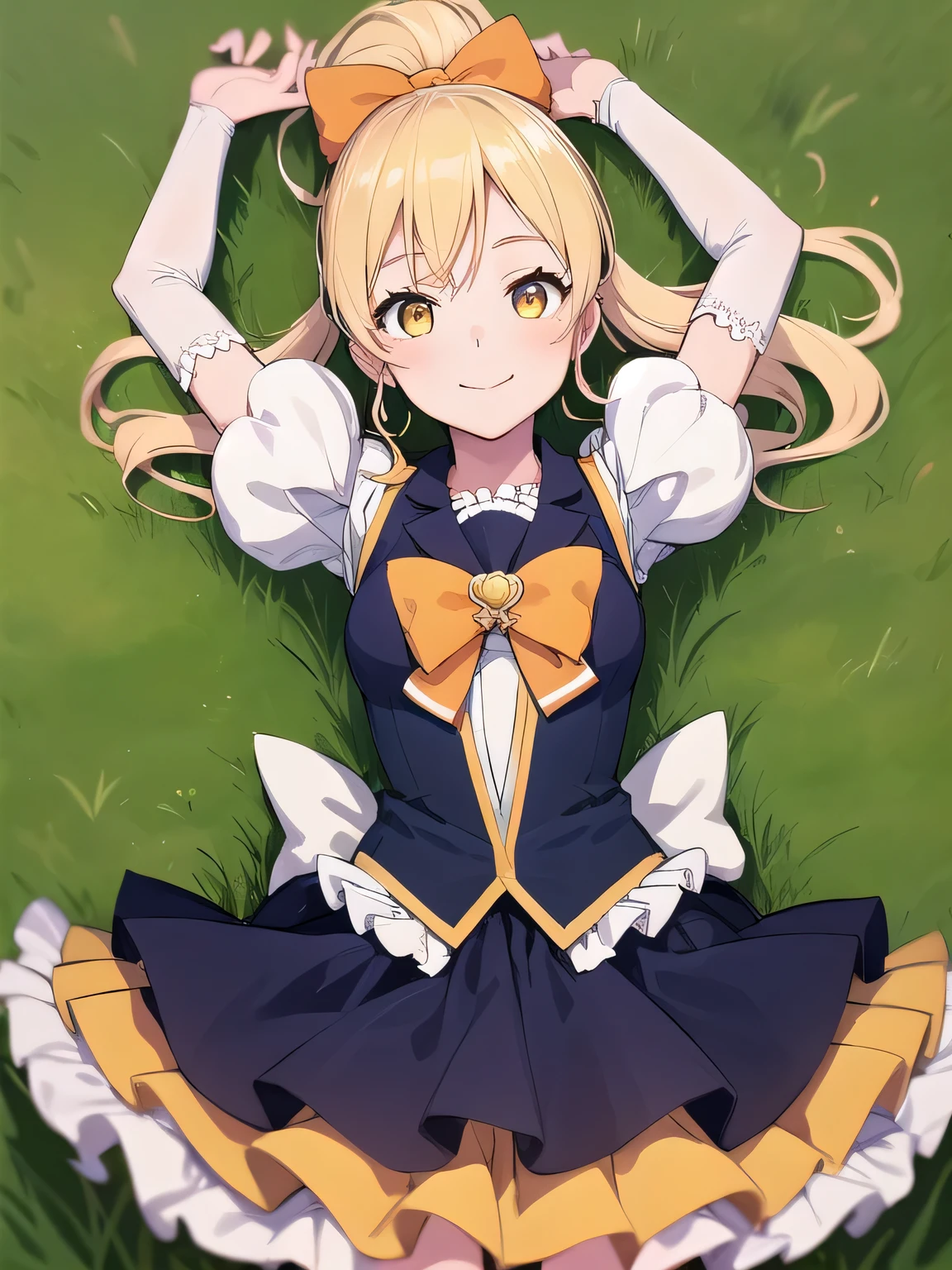 masterpiece, best quality, absurdres, perfect anatomy, 1girl, solo, cureHoney, blonde hair, ponytail, bow, brooch, yellow skirt, vest, puffy sleeves, wrist cuffs, smile, solo, on back, arms up, spread arms, cowboy shot, closed mouth, looking at viewer, on grass, in the center,