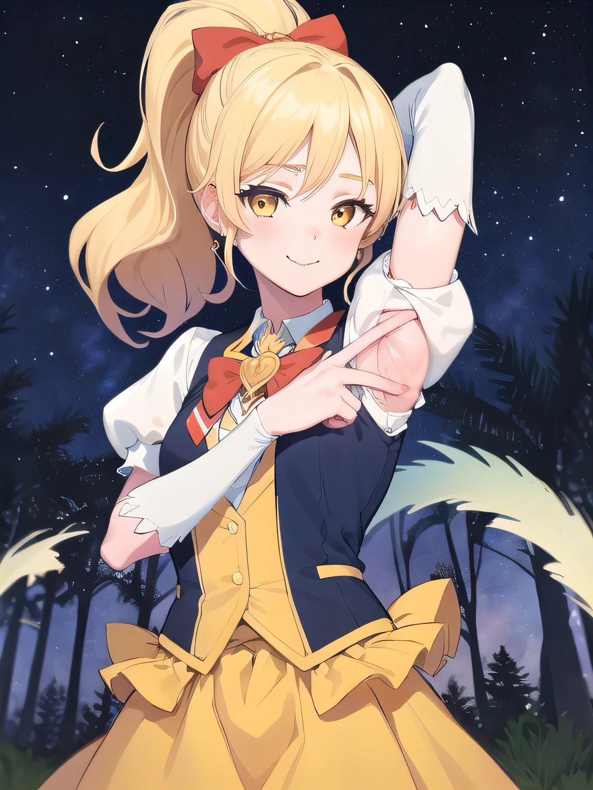 masterpiece, best quality, absurdres, perfect anatomy, 1girl, solo, cureHoney, blonde hair, ponytail, bow, brooch, yellow skirt, vest, puffy sleeves, wrist cuffs, solo, night sky, forest, arms behind head, contrapposto, spread armpits, closed mouth, smile, upper body,