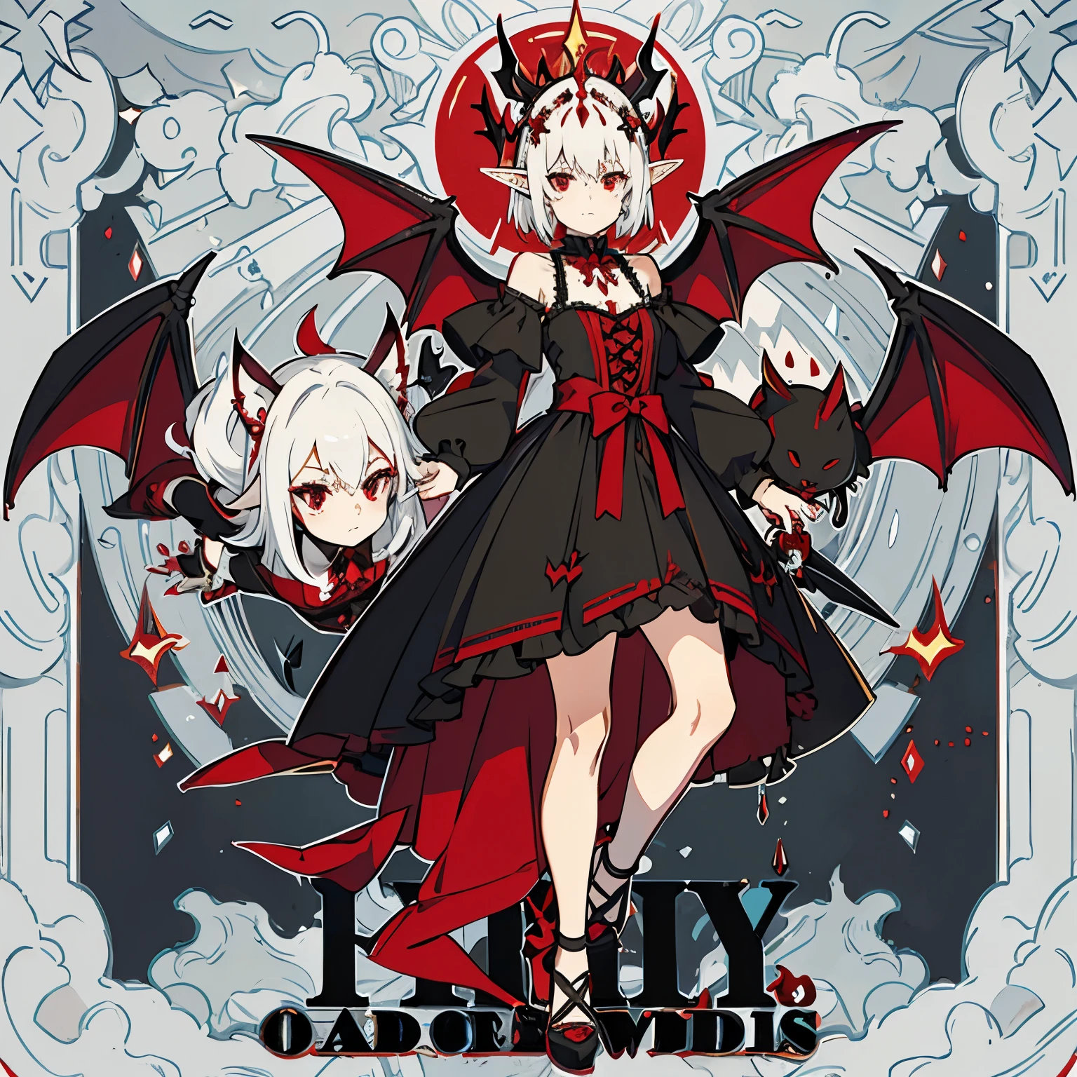 solo 1girl as Succubus, anime style, red horn, bat wings, pale skin, totally black pupils, wide hip, extreme beauty, perfect body, full body, red leather leotard ; in Anime Tarot Card Art Style