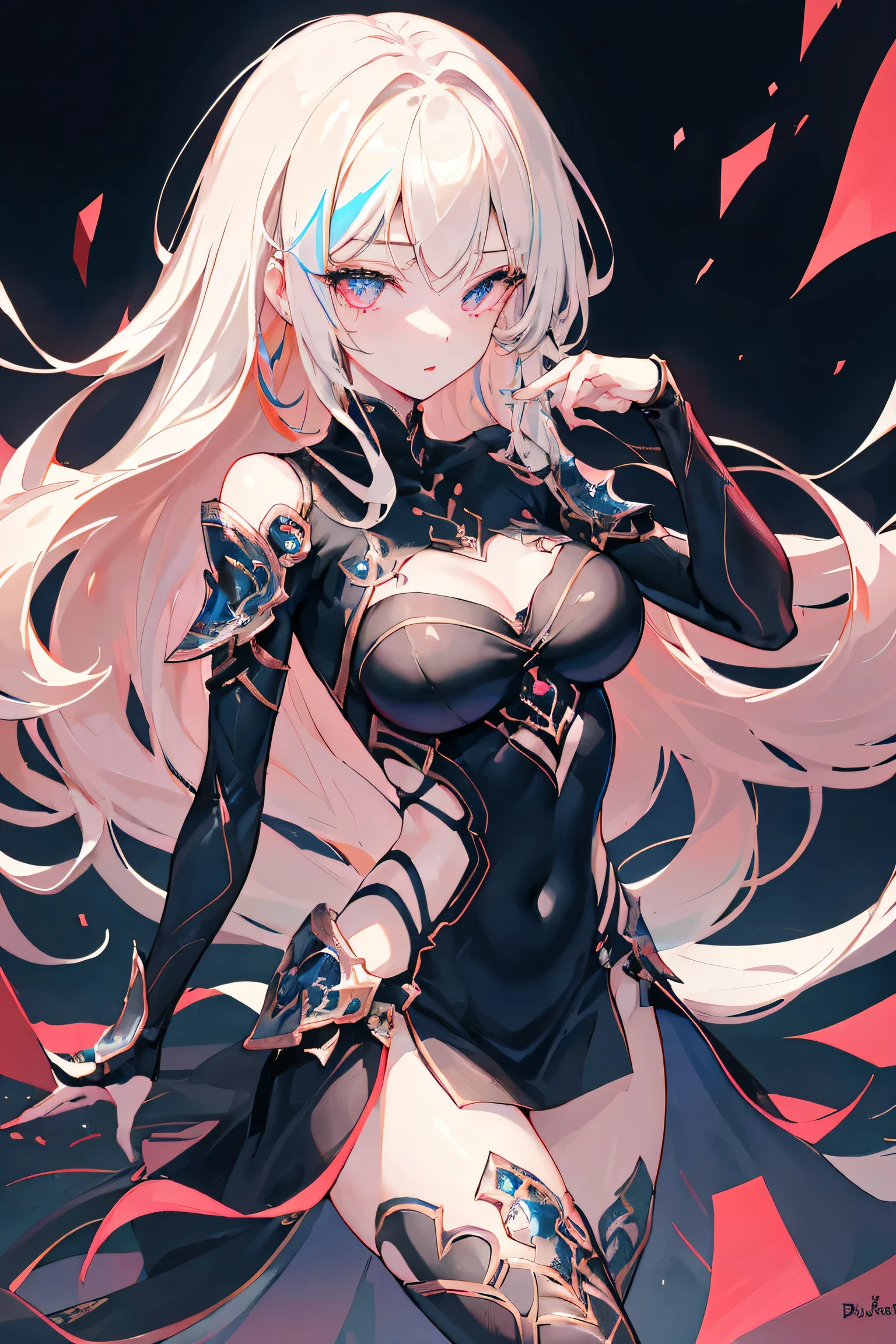 1girl, anime, cute girl, blank background, white background, fantasy, detailed fantasy dress with highlights, beautiful face, beautiful eyes, dark colors, black hair with multicolor streaks, red eye with different color pupil in eye, multicolor eye, medium small breasts (slightly big), slight cleavage, beautiful skin, cute, breast curtains, extremely delicate and beautiful, (beautiful detailed face:1.0), (detailed deep eyes), symmetrical breasts, deep eyes, shiny skin, portrait, slender waist, hips wider than shoulders, thighs, expressionless, young girl, luminous eyes, adorable，（Kpop idol）,（aegyo sal：1），（Platinum blonde hair：1），（（puffy eye）），Black panty，sexy posture，Superskirt, ultra high resolution，Black collar，slim figure, Abdominal y tattoo, womb tattoo，Tight-fitting leg ring，y tattoo on half-body，Bare skin, Armored hand，Hidden fingertips，Hand covered，Arm covered，Fist covered,{{beautiful detailed fingers}}, tufts of hair, moderate beautiful breast:1.0,(masterpiece:1.2), best quality, high-res, HDR, perfect face, intricate armor, delicate blue filigree, intricate filigree, red metalic parts, detailed part, dynamic pose, dynamic lights, cute face