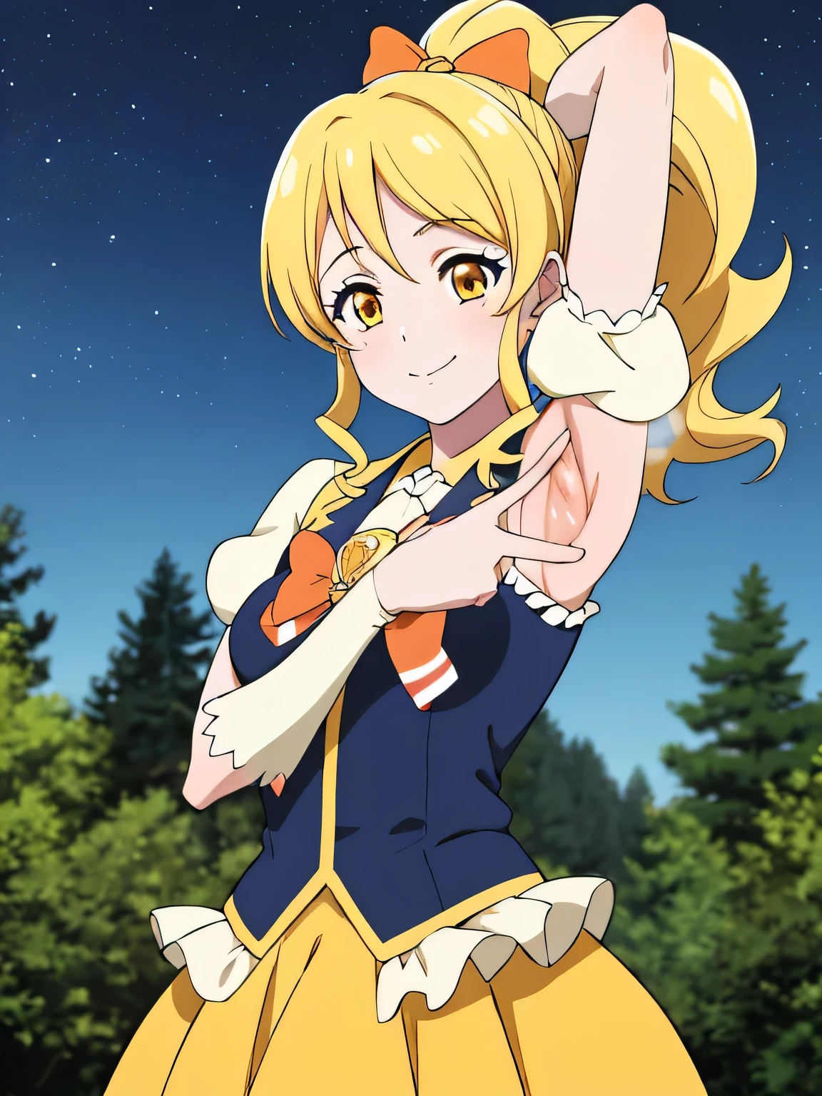 masterpiece, best quality, absurdres, perfect anatomy, 1girl, solo, cureHoney, blonde hair, ponytail, bow, brooch, yellow skirt, vest, puffy sleeves, wrist cuffs, solo, night sky, forest, arms behind head, contrapposto, spread armpits, closed mouth, smile, upper body,