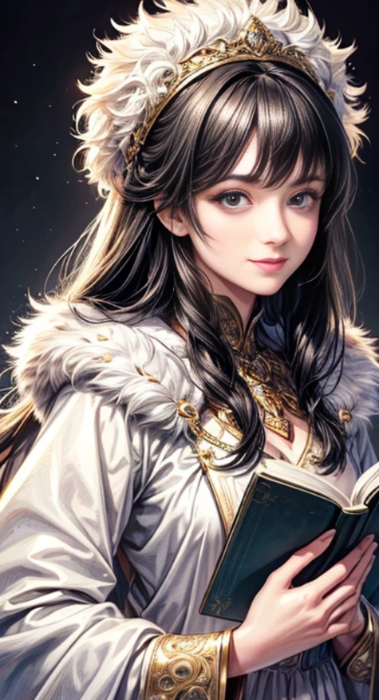(highest quality, High resolution, Super detailed), single, mature woman, Upper body, long hair girl, black hair girl, have a book, Fantastic, winter, smile, Super detailed eyes, Super detailed face, Super detailed dress, An illustration, warm tones, soft lighting.