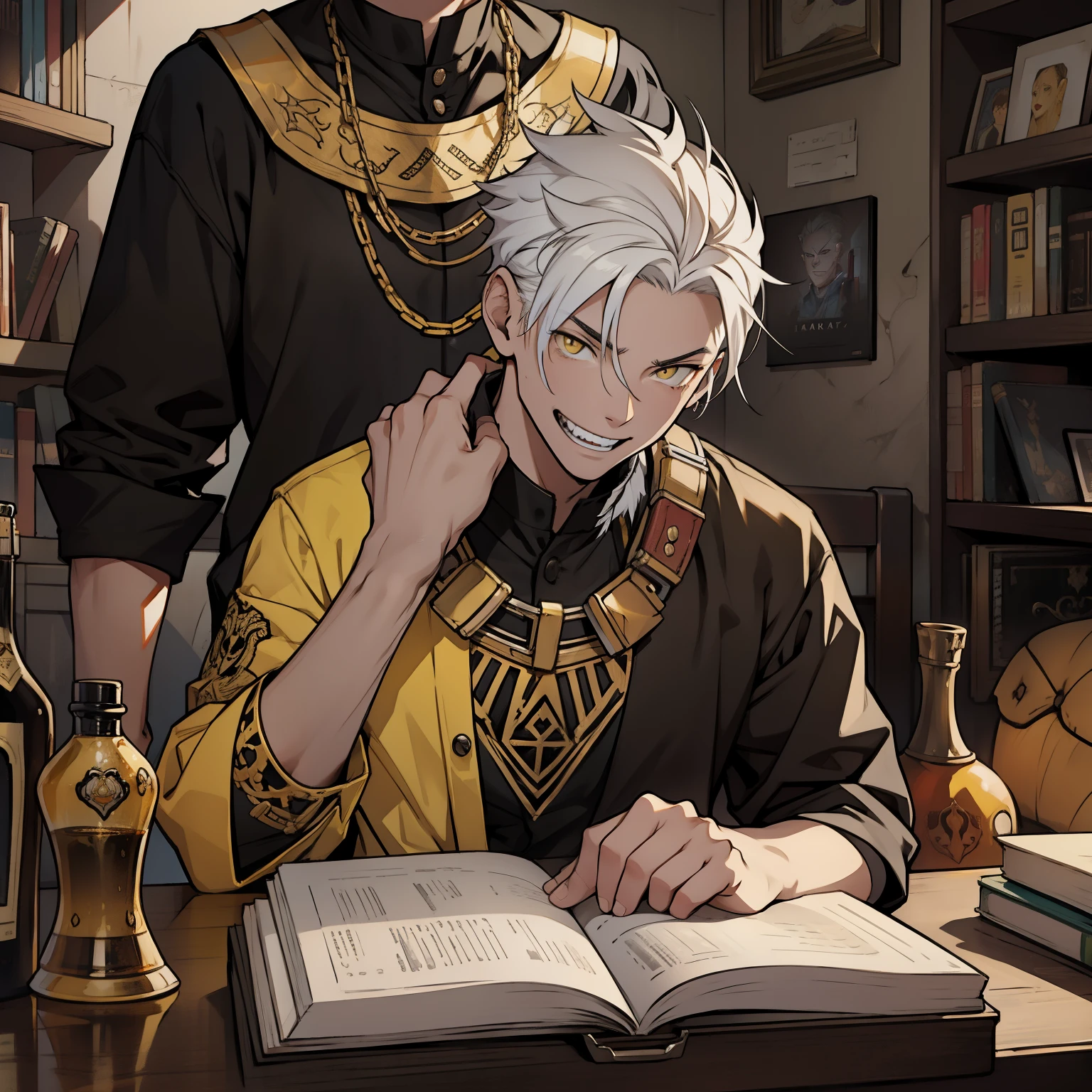 He is a 16 year old boy, they smile with evil, madness with mockery, white hair, yellow eyes.