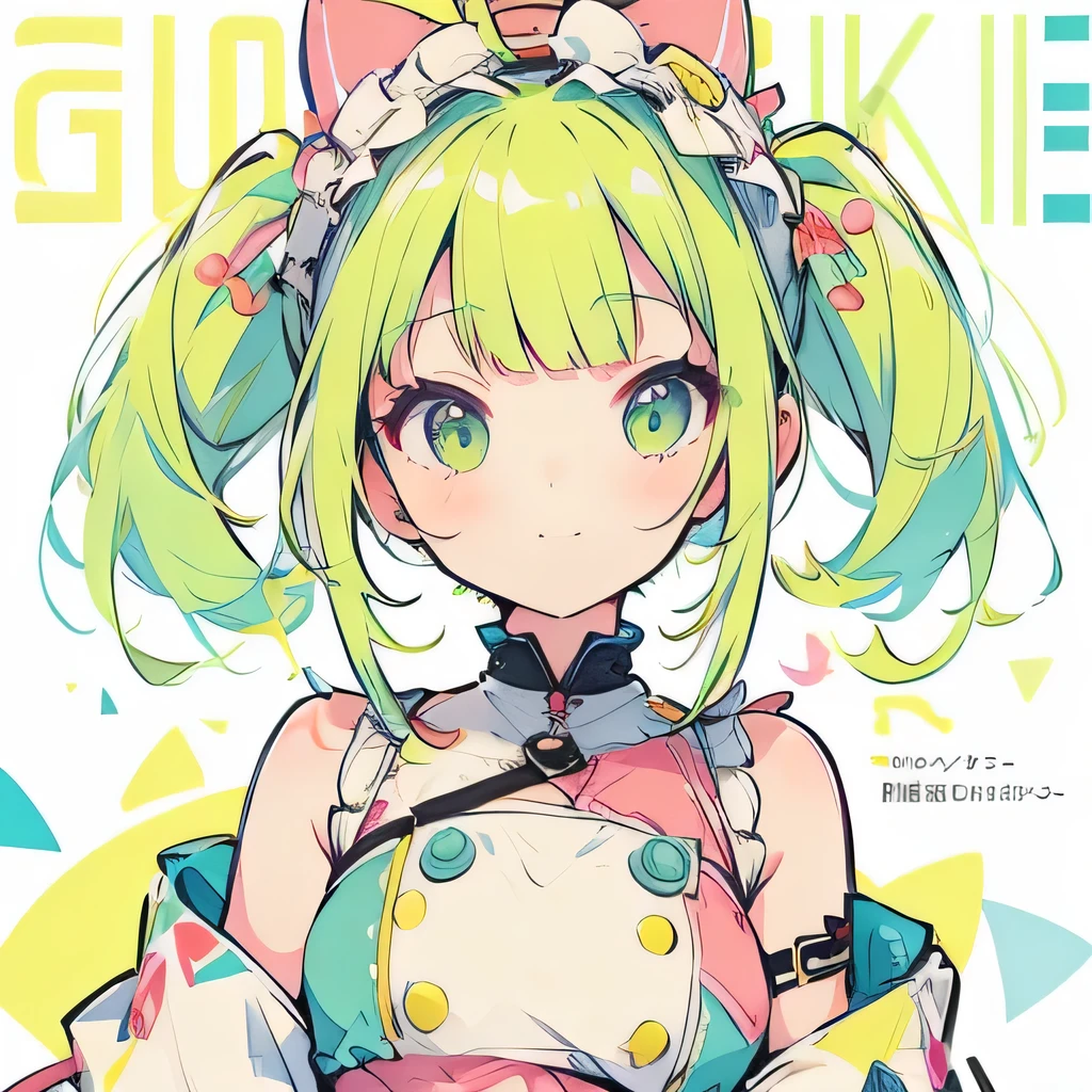 Girly girl, happy, colorful, flat, harajuku, posing, green hair, innocent, smiling, beautiful, face focus, face close-up, short bangs, childish, cute, bubbly