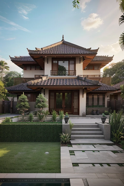 a rendering of a modern house and a garden, indochine style, Brick-colored roof tiles, Fence wall covered with natural stone, architectural visualization, exterior design, architectural rendering, overall architectural design, residential, inter dimensional villa, bali, architectural 3 d render, high quality rendering, subdivision, highly realistically detailed, award-winning render, complex and detailed
