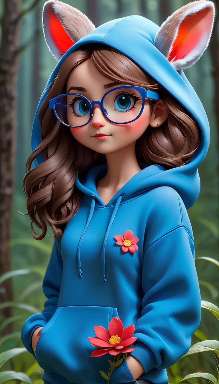 Cute rabbit,hairy,Wearing a blue hoodie,Wearing cute glasses。It is female,Because there is a bright red flower on its head.。Stroll through the forest where various animals live.,, Disney and Pixar style, cute numbers, comic characters, 3D rendering, bright lights, bright colors,High level of image quality、for a great job