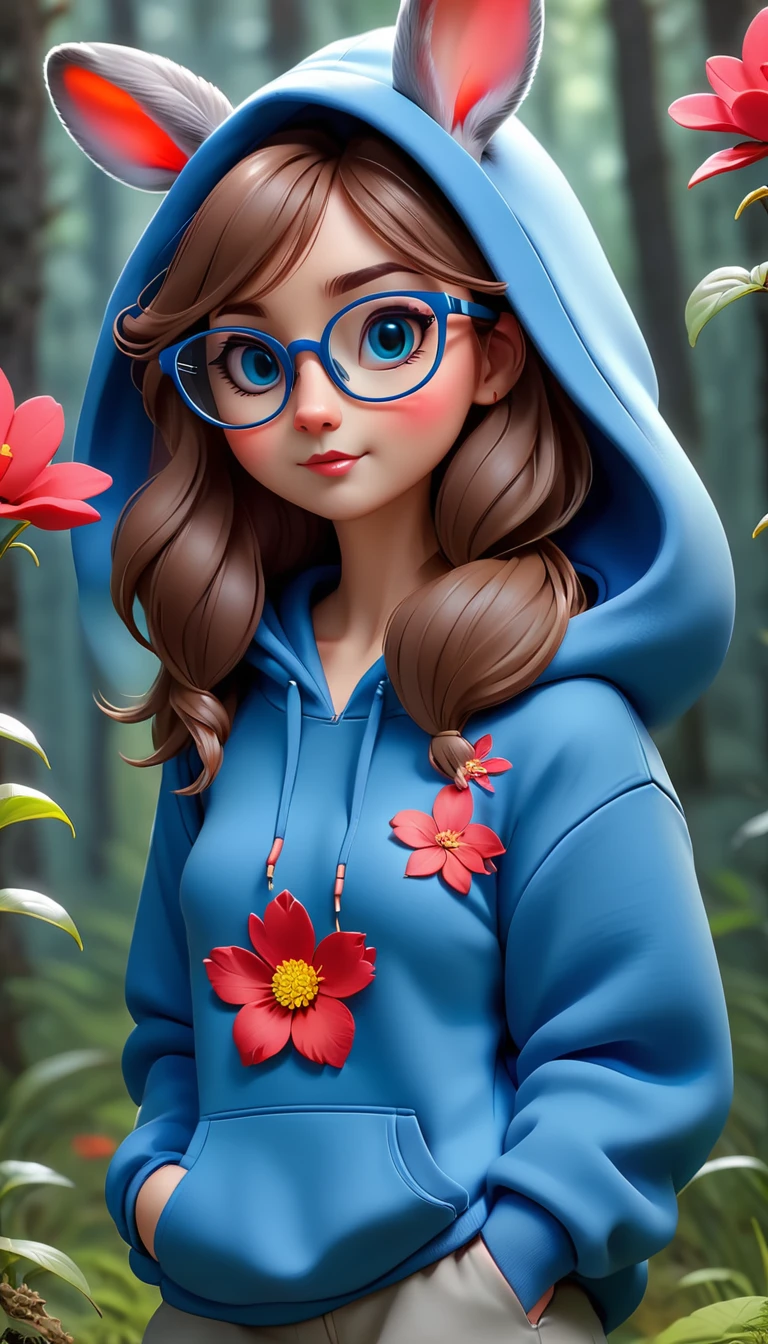 Cute rabbit,hairy,Wearing a blue hoodie,Wearing cute glasses。It is female,Because there is a bright red flower on its head.。Stroll through the forest where various animals live.,, Disney and Pixar style, cute numbers, comic characters, 3D rendering, bright lights, bright colors,High level of image quality、for a great job
