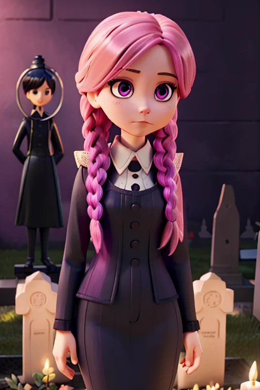 A pink haired woman with violet eyes with an hourglass figure in a Wednesday Addams outfit is A pink haired woman with violet eyes with an hourglass figure in a Wednesday Addams outfit is posing in the cemetery