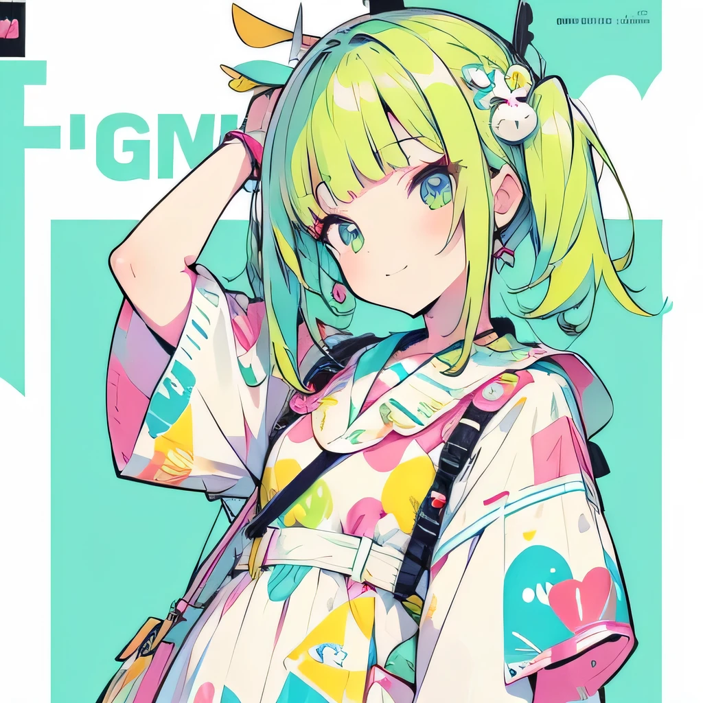 Girly girl, happy, colorful, flat, harajuku, posing, green hair, innocent, smiling, beautiful, face focus, face close-up, short bangs, childish, cute, bubbly