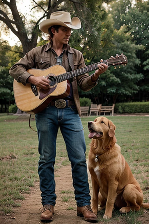 cowboy with guitar with a retriever dog