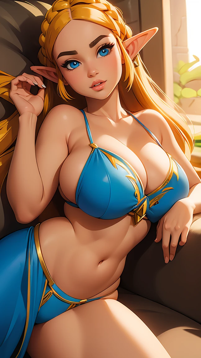 ((masterpiece)), ((best quality)), (detailed), perfect, solo, zelda, gorgeous woman with bikini, luscious lips, long hair, huge breast, deep cleavage, huge breasts, sexy, lying down
