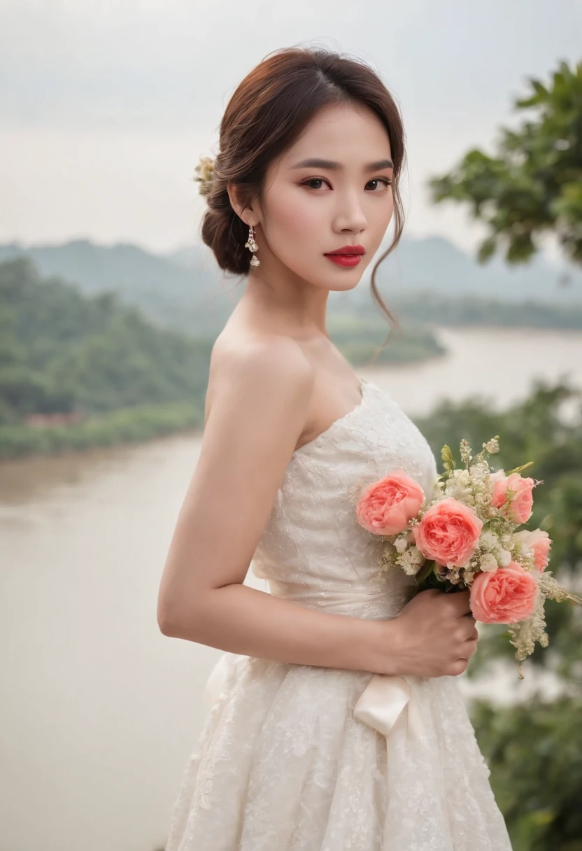 Describe an image of Laos's Mekong river at sunset, Best composition, obra-prima obra de arte, masterpiece:1.2, best quality), realistic, (real picture, intricate details, depth of field), (1girl, solo), make up, parted lips, highly-detailed, perfect face, (skindentation), thick thighs, wide hips, small waist, tall, glossy coral lips,, (A girl in a wedding dress with flowers in hands )), beautiful face, korean face, standing on the rooft of a hotel, Japanese face, bacground can see the Mekong rever side,