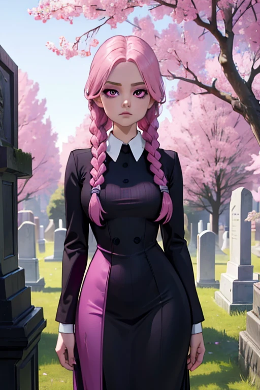 A pink haired woman with violet eyes with an hourglass figure in a Wednesday Addams outfit is A pink haired woman with violet eyes with an hourglass figure in a Wednesday Addams outfit is posing in the cemetery
