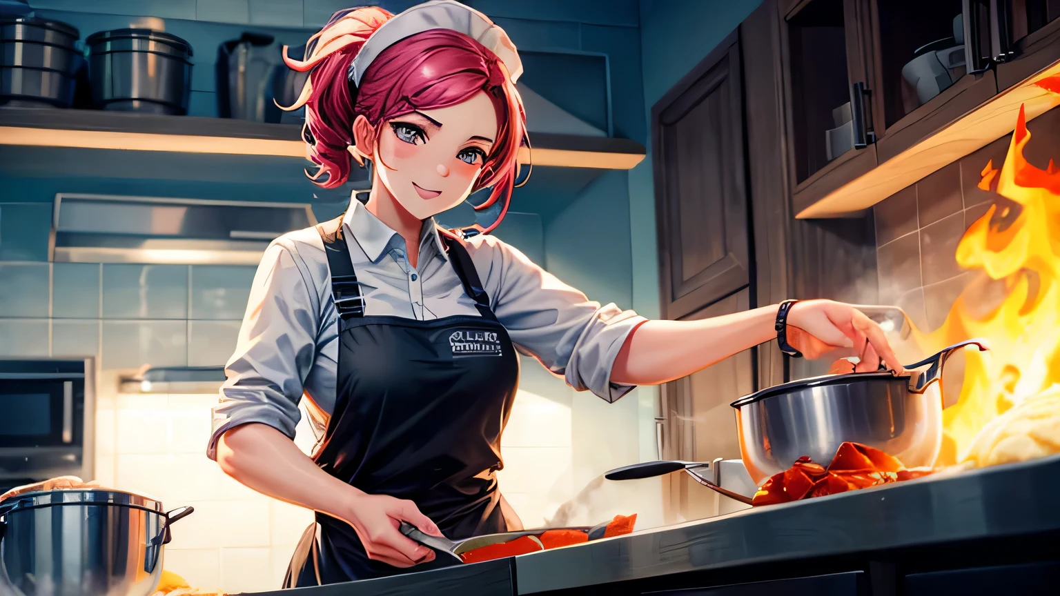 Female chef cooking kitchen on fire fortnite art style