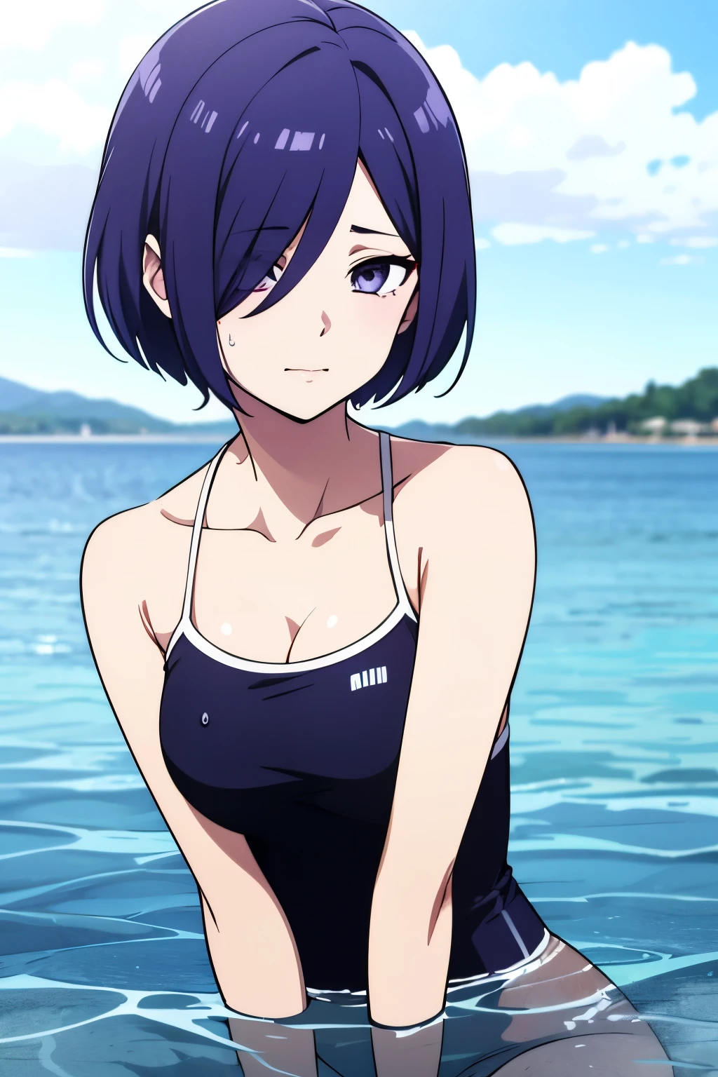 Girl, short blue-purple hair covering half of her left face and left eye, beautiful face, calm and cool features, blue-purple eyes, detailed and nice body, swimsuit, Touka Kirishima, Tokyo Ghoul Style, designed by Touka Kirishima , Short hair covering her left eye, Touka Kirishima Style , Sea background, water drops