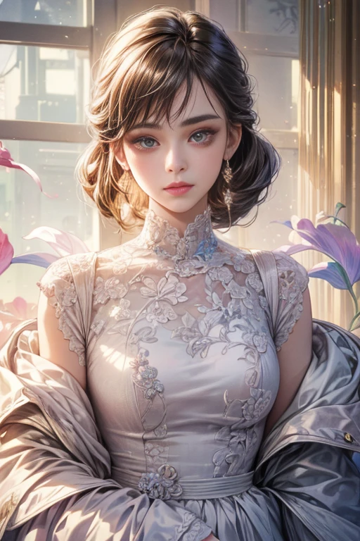 (detailed lips), (realistically:1.37), (brightly colored), (studio lighting), (focus sharply), (high dynamic range), (Bokeh), (Contrast), (KHD:1.2), (Elegant hairstyle), (elegance), (like々New), (Luxurious and sophisticated accessories), (Big eyes are shining brightly), (shine), (calm), (shine), (dream-like), (dynamic), (Gorgeous), (とても美New服,Delicate floral lace embroidery), (Mysterious), (ethereal), (perfect perfection), (interesting), (Individuality), (master piece), (High resolution), (best quality, 4k, 8K), single 18 year old girl.DetailsDetailsUpgrade Details
