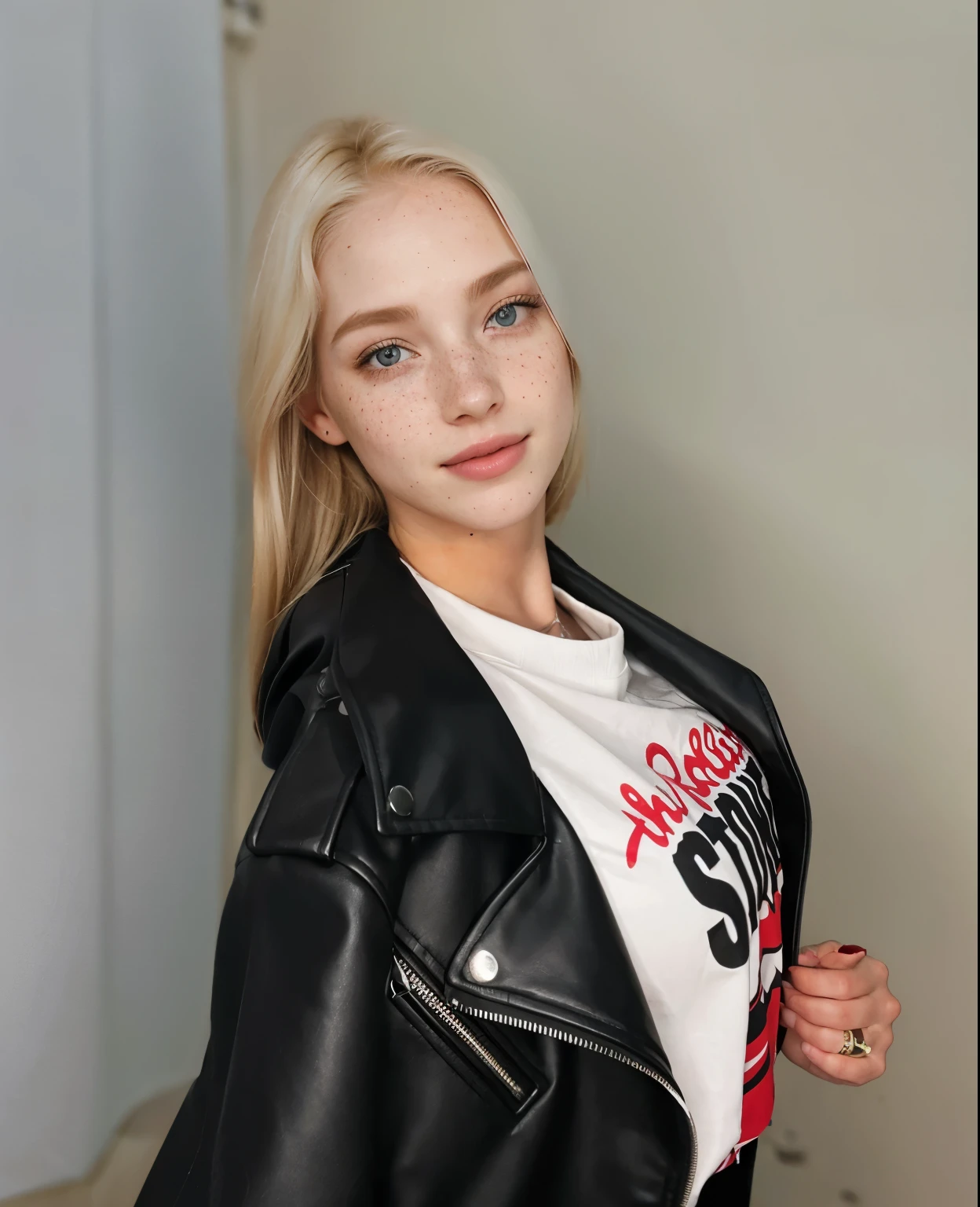mulher, americana, 25 anos, pale skin and freckles, olhos cinzas, nariz delicado, soft and delicate lips, longo, cabelo blondie longo e ondulado na altura da cintura, sorriso meigo, face with delicate feminine facial features, altamente renderizado