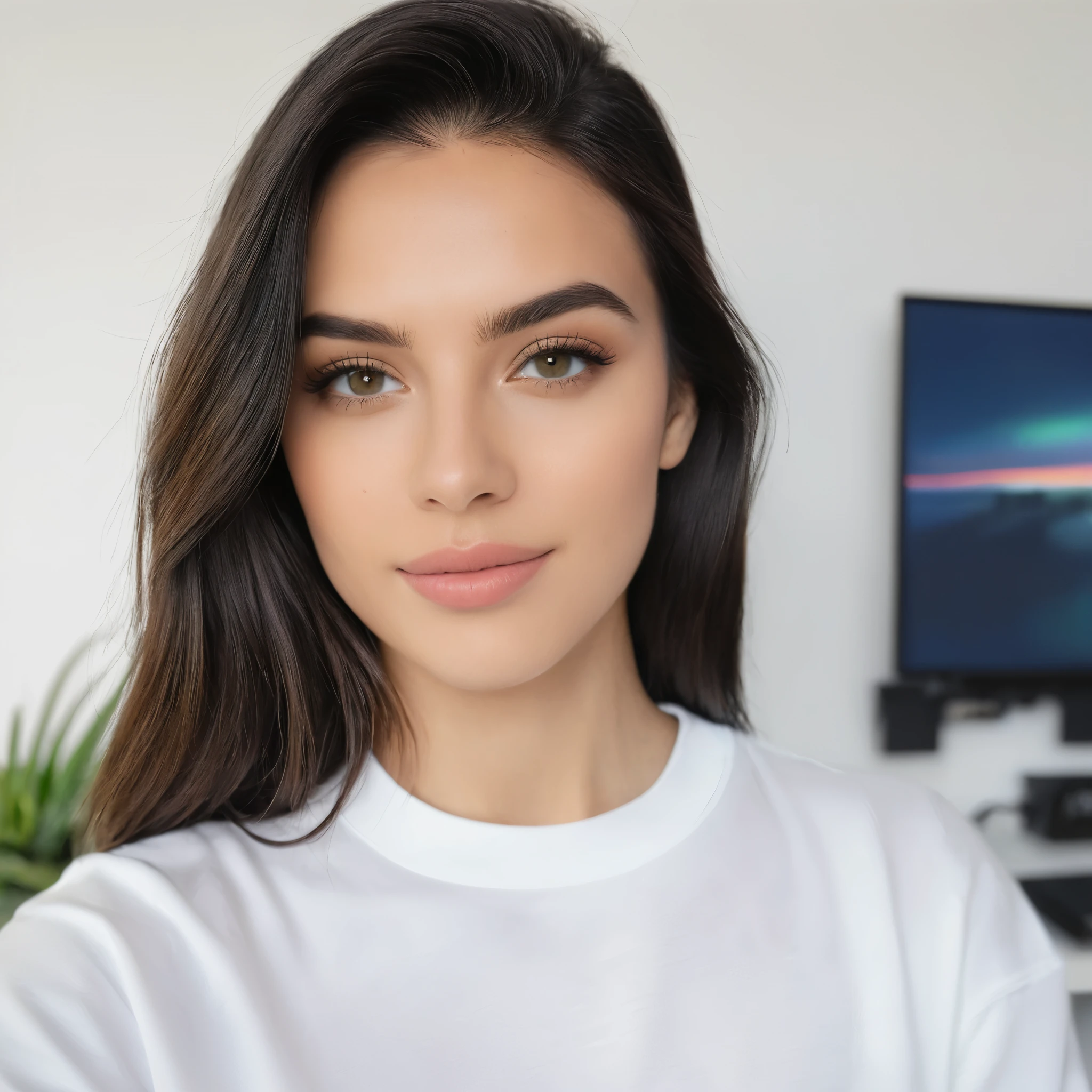 8k, Melhor qualidade, mesa, realista, O ultra-detalhado, fotografia realista, Um hiper-realista, softer lighting, increase the quality of cinematic lighting, photorealistic lighting, Back lighting, luz brilhante, Aumentar a qualidade, Peles com textura real de alta qualidade, fechar-se, delgado, rosto fofo, de calcinha de bases largas e casaco moletom branco, olhos lindos e detalhados, snapshot garota branca magra, , cabelo liso, fino, branca de olhos verdes, istp style, foto realista, , apartamento simples, pequeno, analog camera effect, video baixa qualidade, webcam efeito cabelo liso, , calvin klein, chapinha, gamer style, cabelo extremamente liso, foto corpo inteiro, video caseiro, webcam