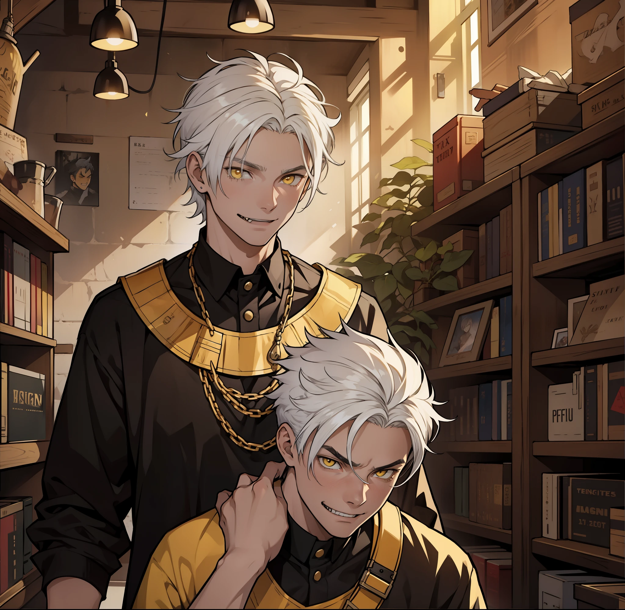 He is a boy, they smile with evil, madness with mockery, white hair, yellow eyes.