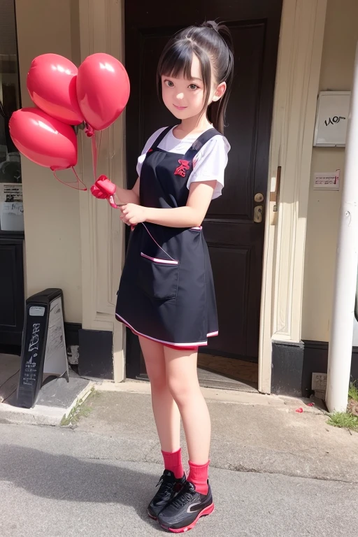 a girls, ((she is selling red balloons)) , real photo, (((full body))), (looking down at me), pony tail, (apron dress),