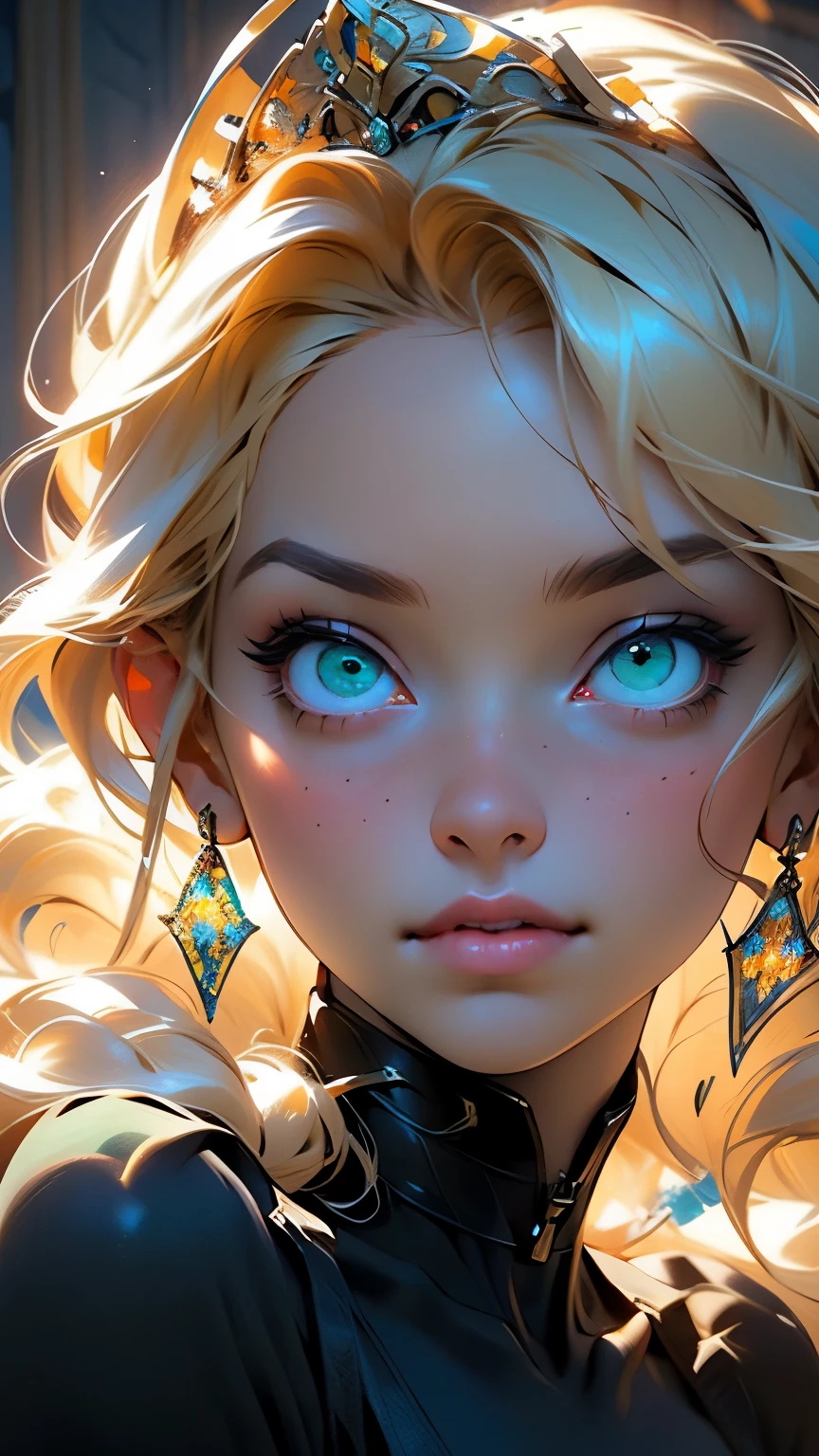 beautiful detailed green expressive eyes,blonde girl,gorgeous face,lovely golden tiara,close-up portrait,vivid colors,soft lighting,photorealistic style