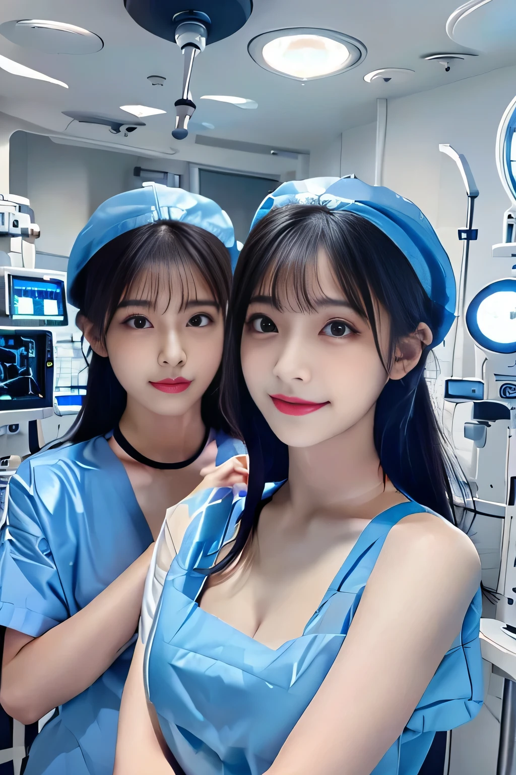 ((highest quality, 8K, Representative works in detail, ultra high resolution)), (middle shot:), 5 attractive medical staff girls, (big breasts:1.2), smile, ((black choker)), slim body shape, big breasts, blue color contacts, long eyelashes, bangs, Physical examination, health check, Examination room, hospital, nurse, bed