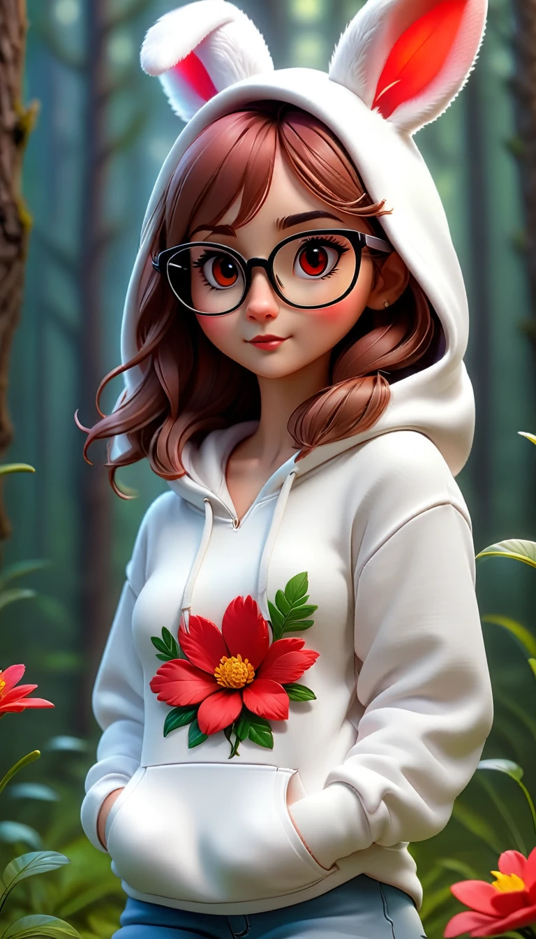 Cute rabbit,hairy,Wearing a white hoodie,Wearing cute glasses。It is female,Because there is a bright red flower on its head.。Stroll through the forest where various animals live.,, Disney and Pixar style, cute numbers, comic characters, 3D rendering, bright lights, bright colors,High level of image quality、for a great job