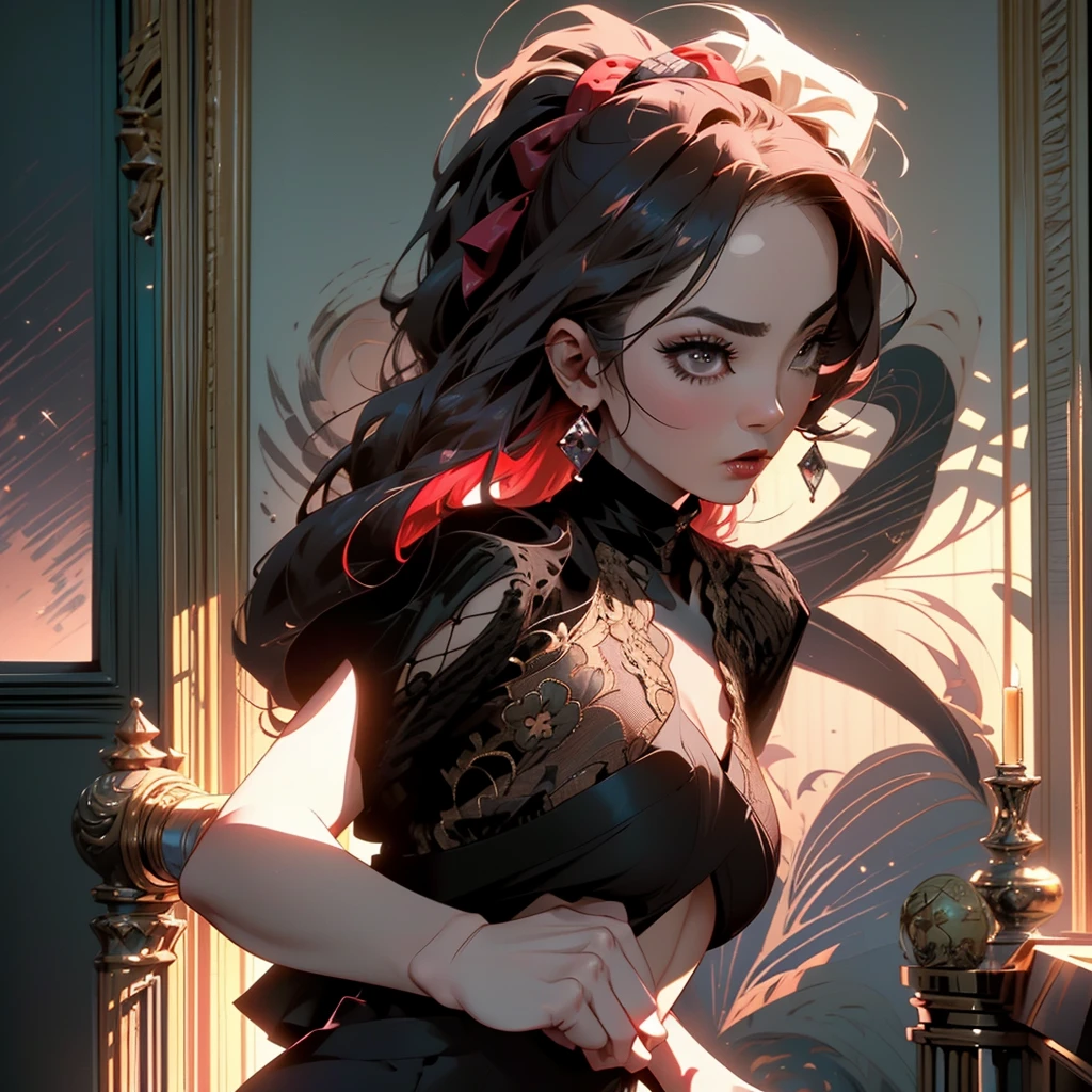 A sexy ninja lies on a bed and teases the viewer, (best quality,4k,highres,masterpiece:1.2), ultra-detailed, (realistic:1.37), seductive glance, seductive pose, captivating eyes, alluring and sensual facial features, enchanting expression, revealing a hint of a smile, (dark and mysterious lighting:1.1), soft and subtle shadows, (hypnotic atmosphere), Intense focus on the ninja's face, highly detailed and intricately styled hair, (flowing locks), (exquisite makeup), (sultry red lips), (slender figure), (shapely silhouette), (alluring curves), (sculpted body), seductively clad in a (lacey black silk robe:1.1), the robe accentuates her toned physique and (barely covers her private parts:1.1), (intricate embroidery and delicate lace patterns), (silky texture), elegance and sensuality in motion, (ninja mask), (weapon lying on the bed:0.9), (opulent bedroom), (luxurious decor), (sumptuous velvet curtains), (ornate furniture), (gilded details and accents), (intricate carvings), (soft ambient lighting), (intimate and inviting atmosphere), (mood lighting), (romantic aura), (subtle color tones:0.9), (rich and warm color palette), (subdued lighting), (hint of red hues), (seductive backdrop), (enticing bedroom scene), (flawless attention to detail), (captivating and immersive scene), (visual masterpiece).
