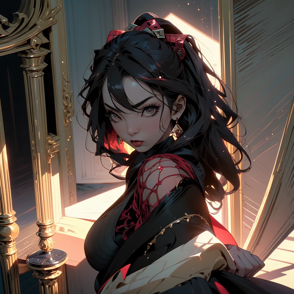 A sexy ninja lies on a bed and teases the viewer, (best quality,4k,highres,masterpiece:1.2), ultra-detailed, (realistic:1.37), seductive glance, seductive pose, captivating eyes, alluring and sensual facial features, enchanting expression, revealing a hint of a smile, (dark and mysterious lighting:1.1), soft and subtle shadows, (hypnotic atmosphere), Intense focus on the ninja's face, highly detailed and intricately styled hair, (flowing locks), (exquisite makeup), (sultry red lips), (slender figure), (shapely silhouette), (alluring curves), (sculpted body), seductively clad in a (lacey black silk robe:1.1), the robe accentuates her toned physique and (barely covers her private parts:1.1), (intricate embroidery and delicate lace patterns), (silky texture), elegance and sensuality in motion, (ninja mask), (weapon lying on the bed:0.9), (opulent bedroom), (luxurious decor), (sumptuous velvet curtains), (ornate furniture), (gilded details and accents), (intricate carvings), (soft ambient lighting), (intimate and inviting atmosphere), (mood lighting), (romantic aura), (subtle color tones:0.9), (rich and warm color palette), (subdued lighting), (hint of red hues), (seductive backdrop), (enticing bedroom scene), (flawless attention to detail), (captivating and immersive scene), (visual masterpiece).
