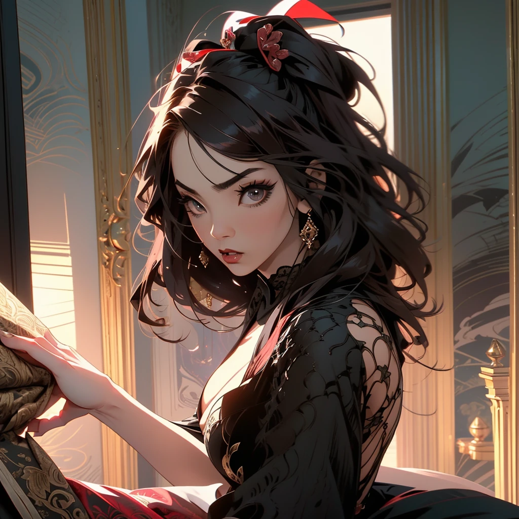 A sexy ninja lies on a bed and teases the viewer, (best quality,4k,highres,masterpiece:1.2), ultra-detailed, (realistic:1.37), seductive glance, seductive pose, captivating eyes, alluring and sensual facial features, enchanting expression, revealing a hint of a smile, (dark and mysterious lighting:1.1), soft and subtle shadows, (hypnotic atmosphere), Intense focus on the ninja's face, highly detailed and intricately styled hair, (flowing locks), (exquisite makeup), (sultry red lips), (slender figure), (shapely silhouette), (alluring curves), (sculpted body), seductively clad in a (lacey black silk robe:1.1), the robe accentuates her toned physique and (barely covers her private parts:1.1), (intricate embroidery and delicate lace patterns), (silky texture), elegance and sensuality in motion, (ninja mask), (weapon lying on the bed:0.9), (opulent bedroom), (luxurious decor), (sumptuous velvet curtains), (ornate furniture), (gilded details and accents), (intricate carvings), (soft ambient lighting), (intimate and inviting atmosphere), (mood lighting), (romantic aura), (subtle color tones:0.9), (rich and warm color palette), (subdued lighting), (hint of red hues), (seductive backdrop), (enticing bedroom scene), (flawless attention to detail), (captivating and immersive scene), (visual masterpiece).
