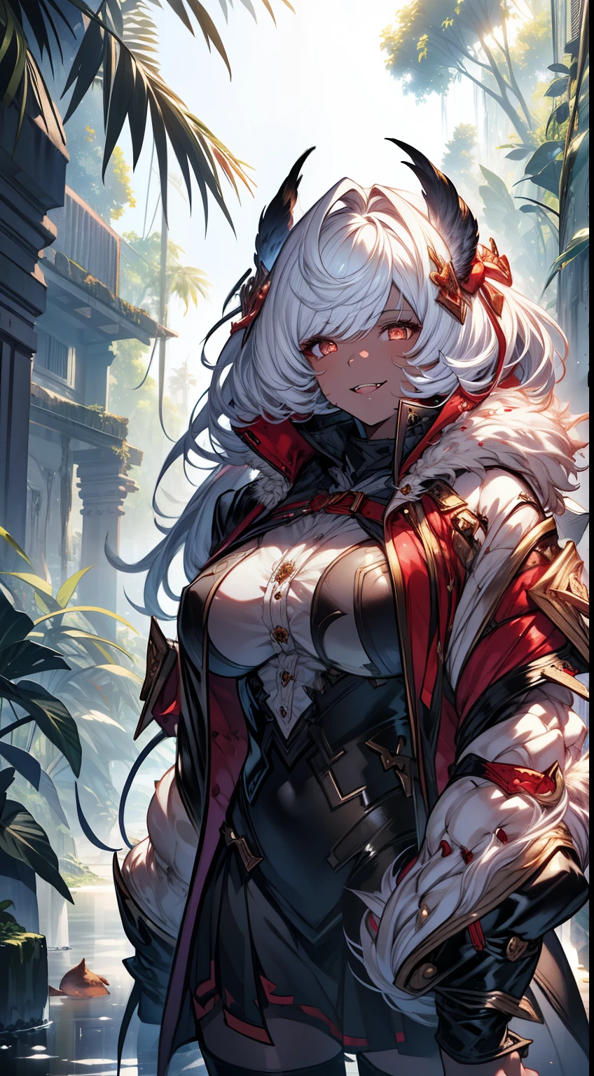 realistic photo of slaved (savage, tribal, jungle)_vampire with (white hair), bat fur, coat|wings, ((fangs)), colorful extremely_detailed_(tribal, jungle)_tight_(lacy, leather, fur, silk, satin, latex)_(clothing, skirt), high collar, detailed face, detailed beautiful shiny red eyes, slit pupils, metallic reflections, ((tatooed, marked)_with_shining_runes)_fit_muscular_body, shiny skin, tropical city ruins fog, 1girl, natural breasts, medium length white hair, masterpiece, best quality, beautiful and aesthetic:1.2, fractal art:1.4