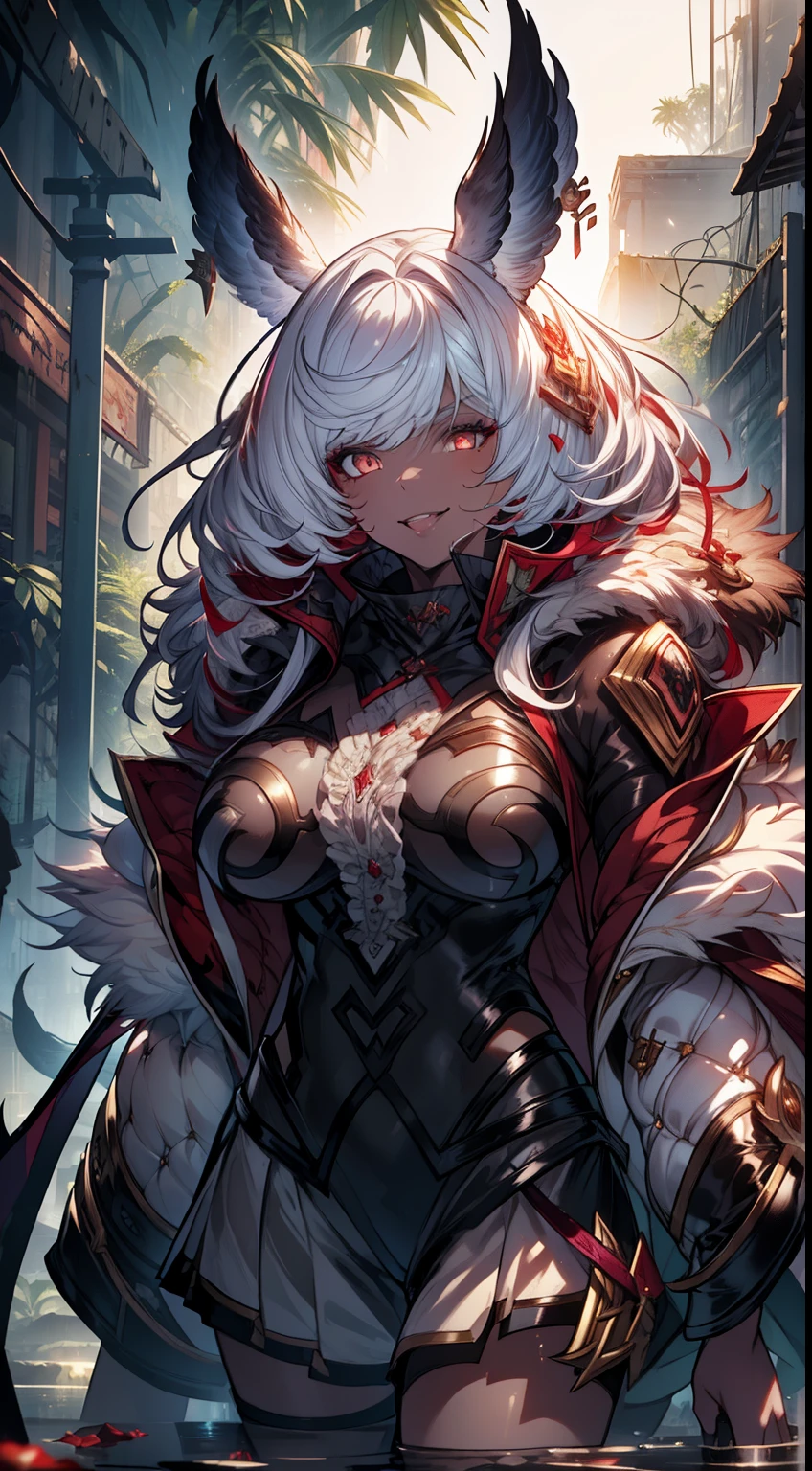 realistic photo of slaved (savage, tribal, jungle)_vampire with (white hair), bat fur, coat|wings, ((fangs)), colorful extremely_detailed_(tribal, jungle)_tight_(lacy, leather, fur, silk, satin, latex)_(clothing, skirt), high collar, detailed face, detailed beautiful shiny red eyes, slit pupils, metallic reflections, ((tatooed, marked)_with_shining_runes)_fit_muscular_body, shiny skin, tropical city ruins fog, 1girl, natural breasts, medium length white hair, masterpiece, best quality, beautiful and aesthetic:1.2, fractal art:1.4