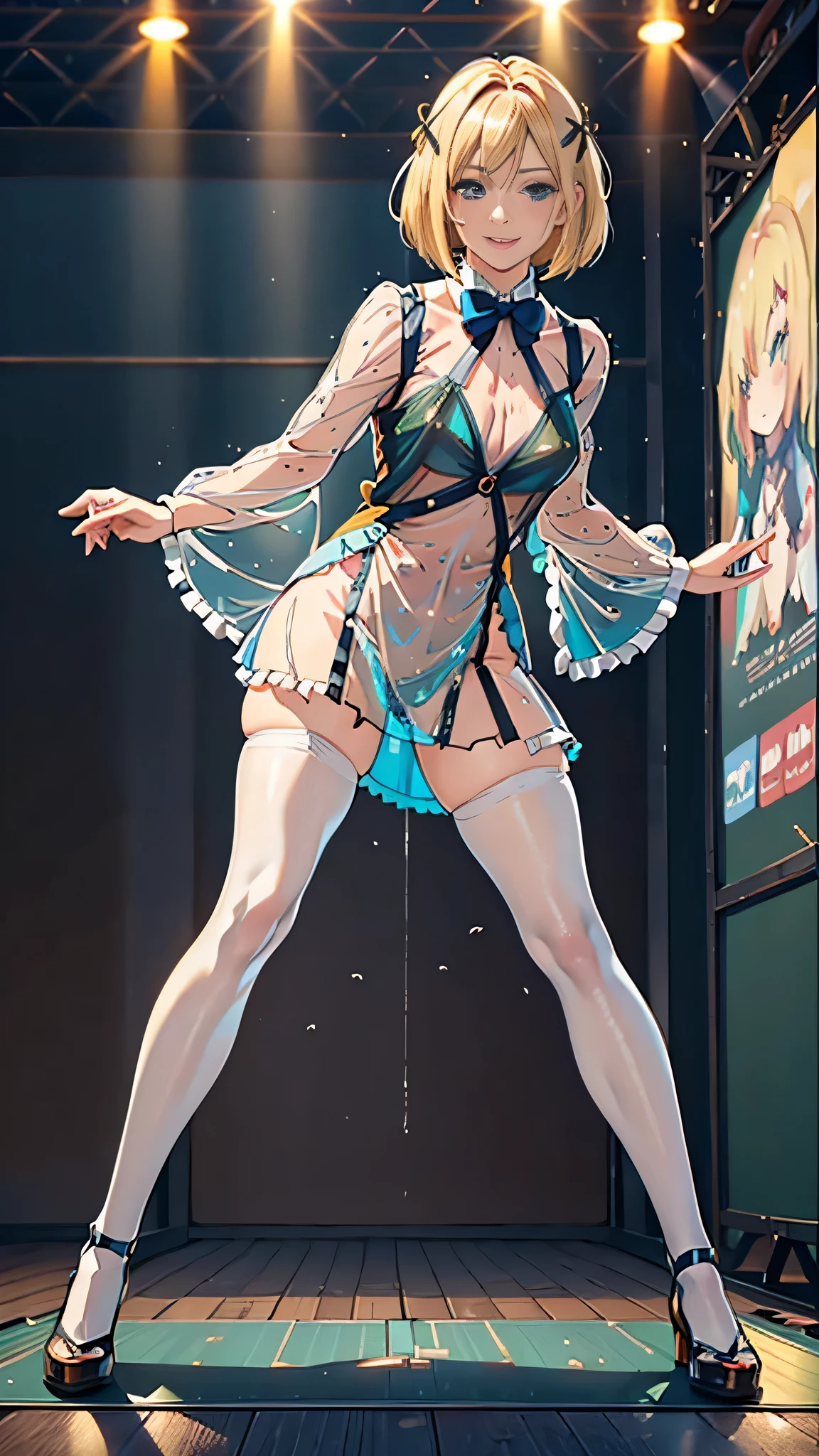 (RAW photo:1.2, photorealistic:1.3), masterpiece:1.4, best quality:1.3, Highest details:1.3, beautiful and aesthetic, extremely detailed CG unity 8k wallpaper,( vibrant colors:1.1), high resolution, (see-through:2.0) bikini dress and a bow tie, anime visual of a cute girl, official character art, anime girl, official art, single character full body, anime full body illustration, full body portrait of a short!, female anime character, as an anime character, a-1 pictures, full body with nsfw costume, rei hiroe, anime best girl, blond bob hair, on the stage, dynamic pose, dancing, smile, stained panties, pee stained panties, panties, having a microphone