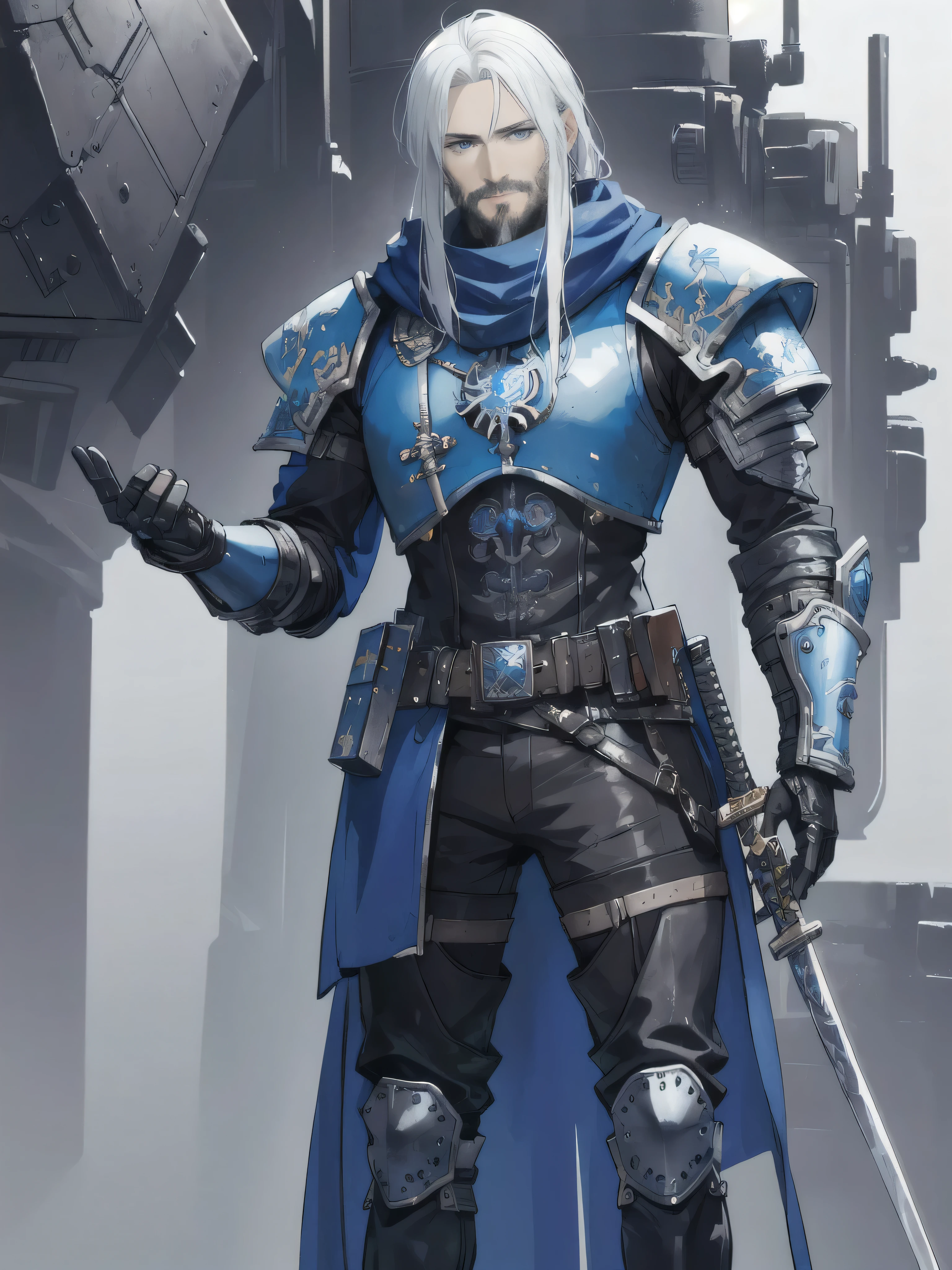Masterpiece, best quality, 8k, wallpaper, standing on the bridge of a spaceship, 1_man, handsome, full body, looking away from camera, intrigued expression, (smirk on face), White hair, medium hair length, blue eyes, scruffy beard, wearing leather body armor, officers coat, black gloves, one robotic arm, holding sword, blue bandit scarf around neck, knee pads, tall leather boots, gears, belts, sword blade, sword, long blade, long sword blade, Warhammer 40k, Detailed Face, Detailed, Intricate Details, Detailed Eyes, White Beard,