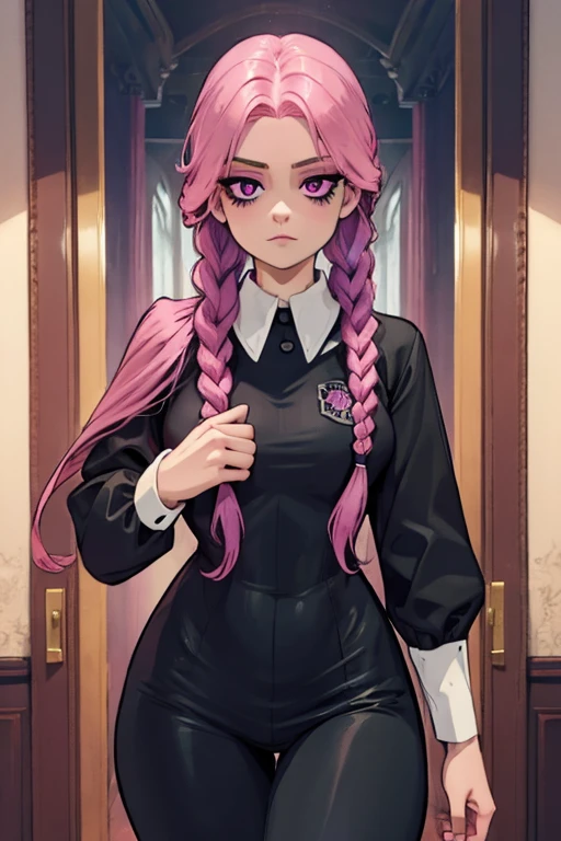 A pink haired woman with violet eyes with an hourglass figure in a Wednesday Addams outfit is walking through a creepy house