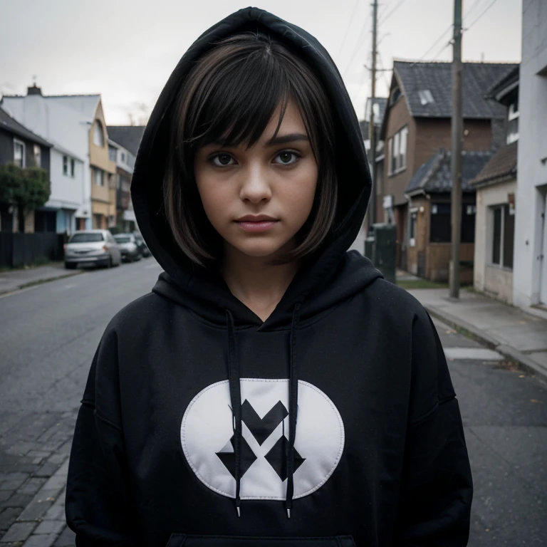 (Monocrhome), dark, (capucha) beautifull, cute, chiaroscuro, black and white, 90s girl, minimalistic, beautifull, ((photoshot)), wearing a hoodie, black clothes, girl with pixie cut hairstyle, woman, dark background highlighting the figure. Natural lighting, stunning realism, minimalistic, streets background, neighbourhood, thoughtful expression, (hoodie on), future bass, nadia.