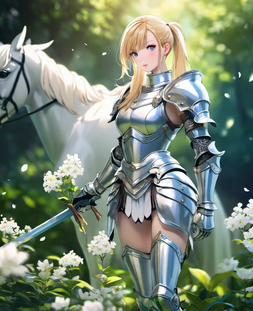 (best quality,4k,8k,highres,masterpiece:1.2),ultra-detailed,realistic,white girl,beautiful detailed eyes,beautiful detailed lips,blonde with ponytails,sexy girl,knight,armor with skirt,full body,confident posture,shiny armor,slender waist,long legs,graceful movements,vivid colors,portrait,studio lighting,sharp focus,lush green background,dreamy ambiance,soft lighting,white flowers,blurred foreground,high contrast,bokeh