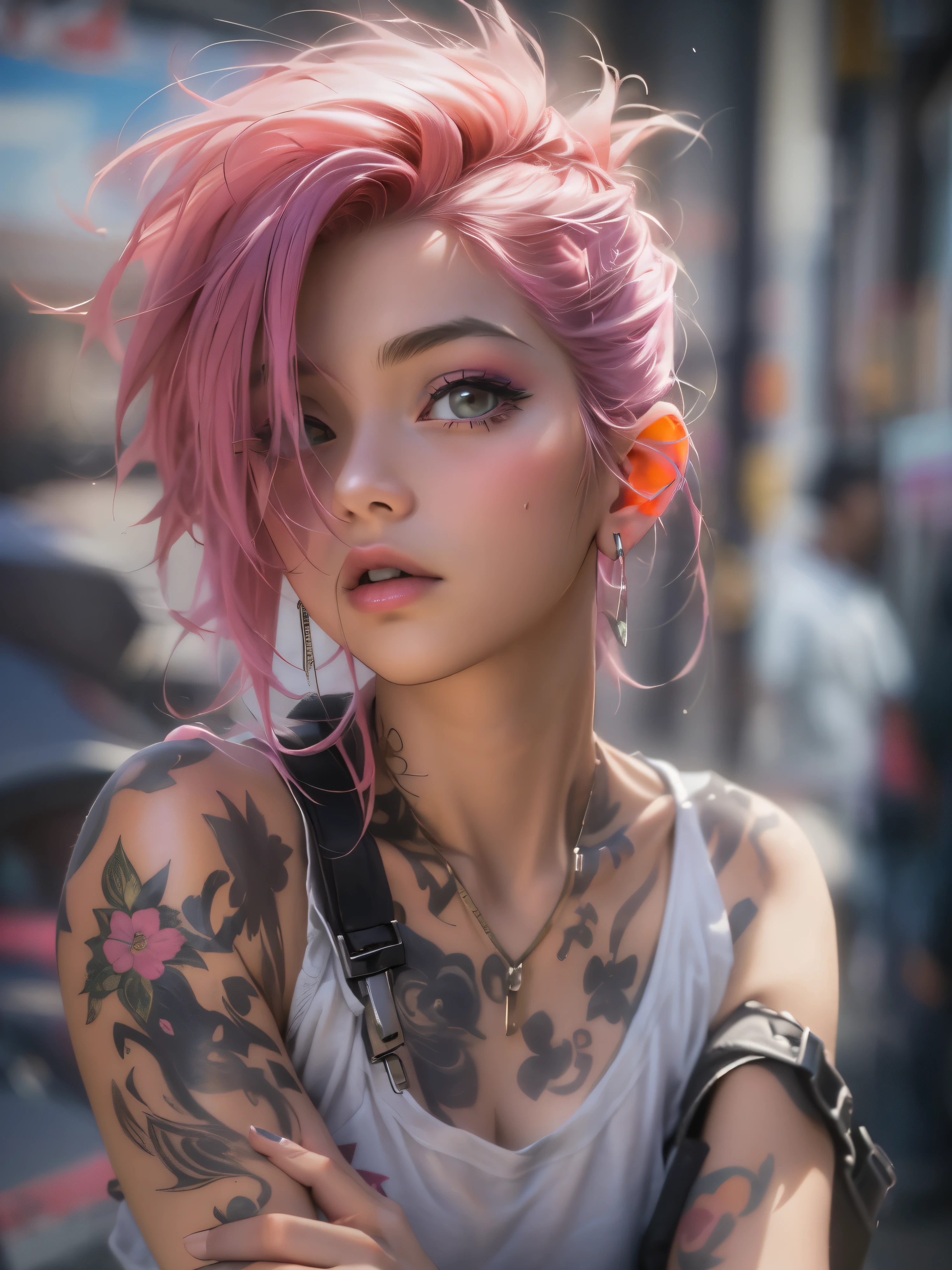 (top-quality、8K、32K、​masterpiece、nffsw:1.3)、(Photorealsitic:1.4),18-year-old punk girl,A detailed eye、A detailed face,Wacky punk hair,Radical punk fashion,Tank Tops、Wacky makeup、A pink-haired,、Tattoos on the body,、Street background、Backlight effect、depth of fields,blurry backround,,,,,,,,,,,,