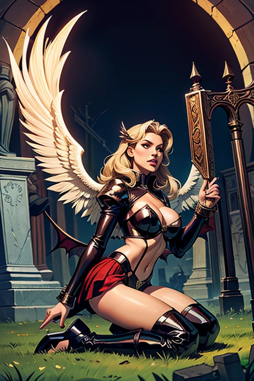 Medieval archangel warrior　****ta aristocrat　long boots sexy girl　attraction　sexy french woman with demon wings cute damn cemetery　active battle action style　Increase libido,front view,cruel