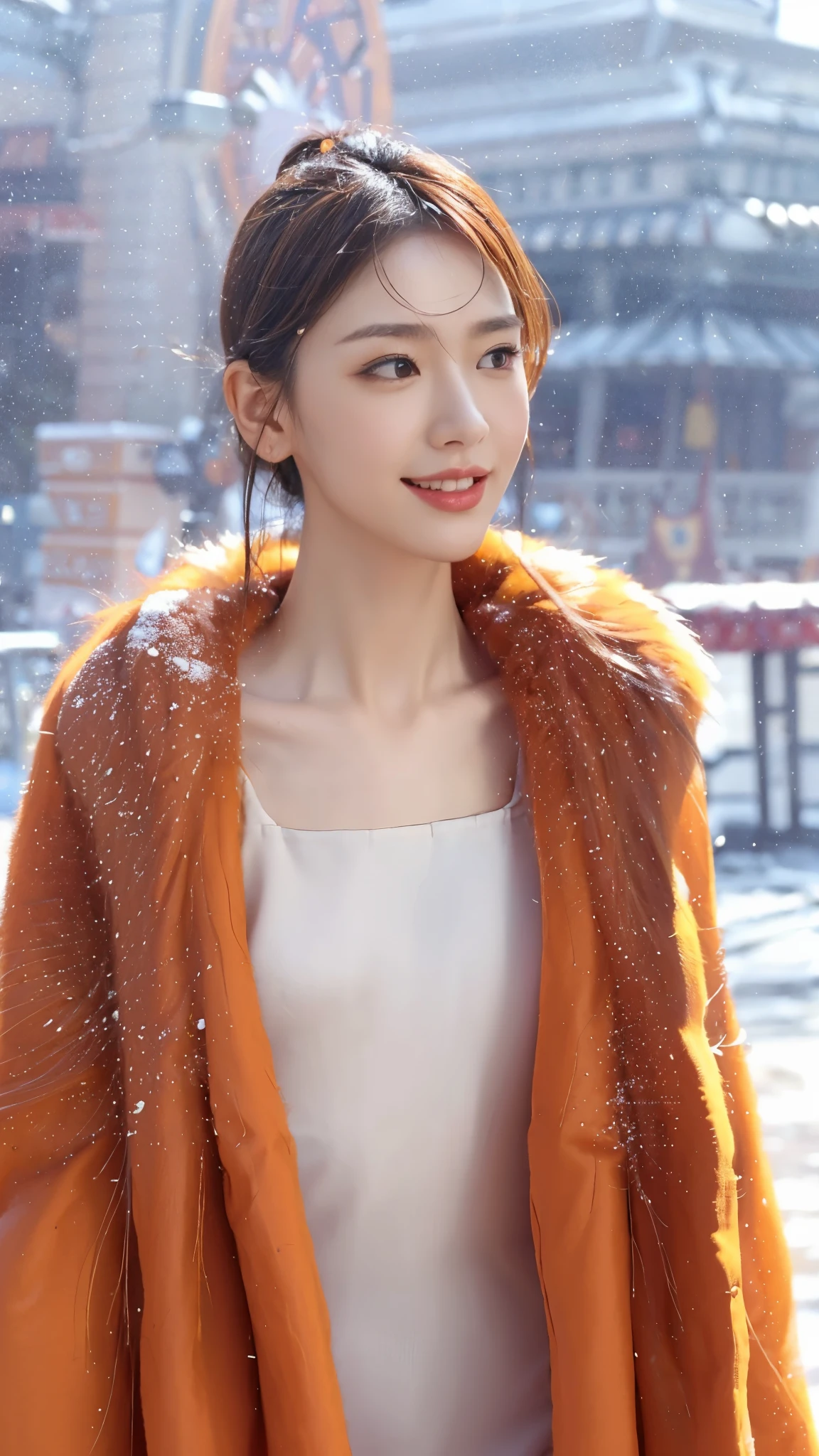((((8 thousand))),((Really meticulous CG)) ,(wallpaper),16,000,((Incredibly stylish and beautiful))，(((masterpiece))),(((best quality))),(((초high resolution))),A beautiful light came on，perfect lightning，Realistic Shading，[high resolution],(Smooth, flawless, fair skin:1.5), Very exquisite facial details, Ultra-detailed,Beautiful girl,alone,small head, small face,exquisite makeup,(:1.1),flat box,slim,thin,happy,(laugh:1.2), (orange fur coat:1.3), clavicle, split,(slim 다리:1.2), (Daytime Scene:1.5),at the amusement park,outdoor,blur,(detailed background:1.5),snow landscape,snowfall,upper body, big bust, sagging breasts,