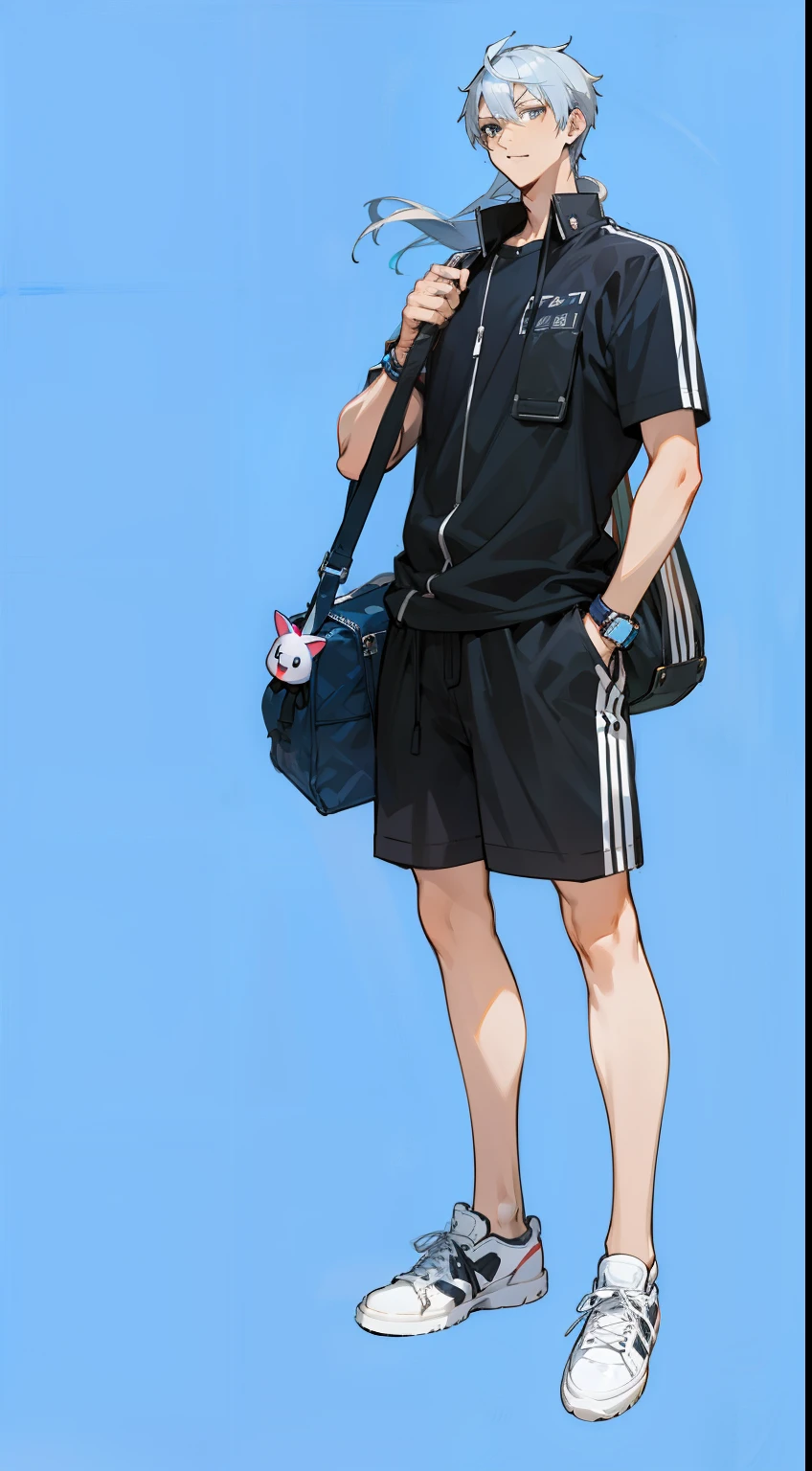 Wearing a black shirt and shorts、Anime character with handbag, full body portrait of a short!, !!full body portrait!!, 2022 anime style, 2 0 2 2 anime style, Tall anime character with blue eyes, anime style characters, full body portrait, full body picture, Single character full body, young anime man, Eiichiro Oda style