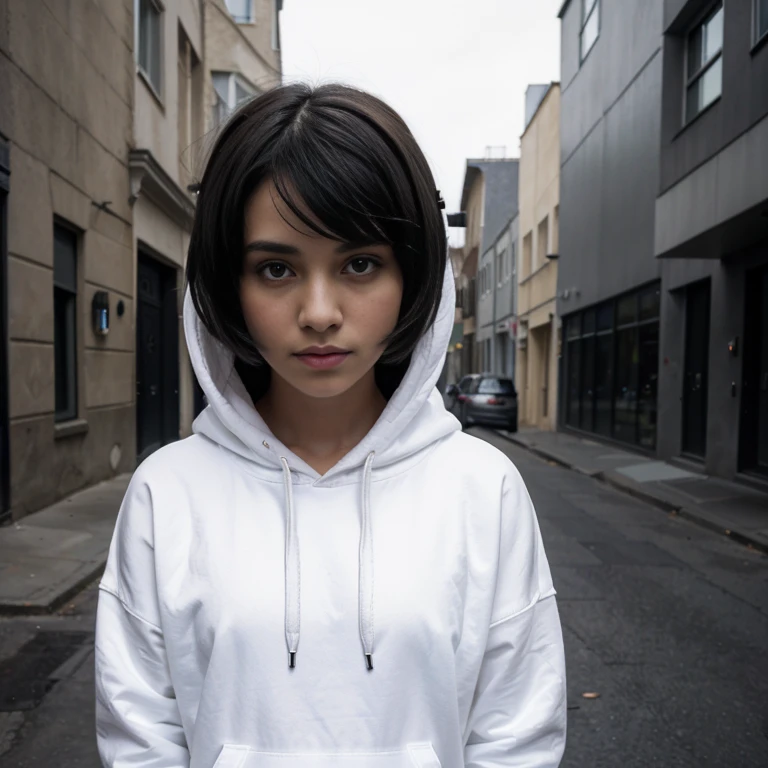 (Monocrhome), dark, (capucha) beautifull, cute, chiaroscuro, black and white, 90s girl, minimalistic, beautifull, ((photoshot)), wearing a hoodie, black clothes, girl with pixie cut hairstyle, woman, dark background highlighting the figure. Natural lighting, stunning realism, minimalistic, streets background, neighbourhood, various poses, (hoodie on), future bass, nadia.