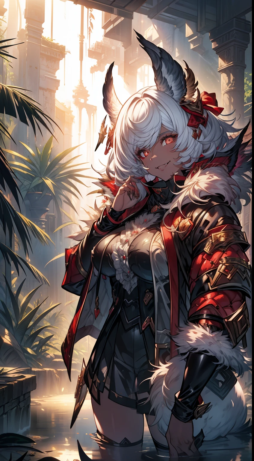 realistic photo of slaved (savage, tribal, jungle)_vampire with (white hair), bat fur, coat|wings, ((fangs)), colorful extremely_detailed_(tribal, jungle)_tight_(lacy, leather, fur, silk, satin, latex)_(clothing, skirt), high collar, detailed face, detailed beautiful shiny red eyes, slit pupils, metallic reflections, ((tatooed, marked)_with_shining_runes)_fit_muscular_body, shiny skin, tropical city ruins fog, 1girl, natural breasts, medium length white hair, masterpiece, best quality, beautiful and aesthetic:1.2, fractal art:1.4