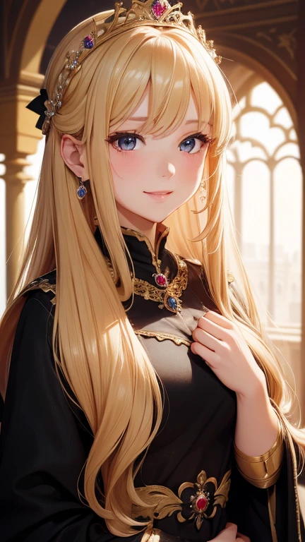 (masterpiece, highest quality, 4k), portrait, beautiful princess, adult woman, Medieval, long blonde hair, bangs between eyes, Royal dress, cute smile, blush