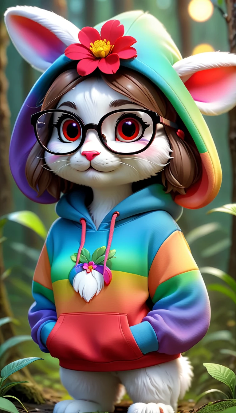 Cute rabbit,hairy,Wearing a rainbow hoodie,Wearing cute glasses。It is female,Because there is a bright red flower on its head.。Stroll through the forest where various animals live.,, Disney and Pixar style, cute numbers, comic characters, 3D rendering, bright lights, bright colors,High level of image quality、for a great job
