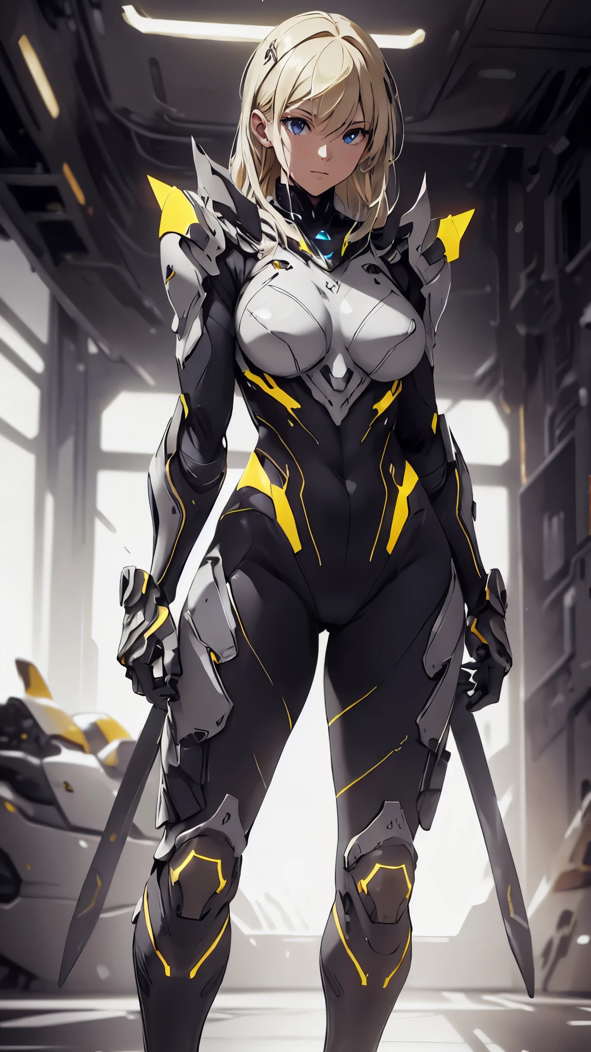 chromatic aberration, depth of field, soft lighting, masterpiece, best quality, intricate, tone mapped, highly detailed, artstation, concept art, smooth, sharp focus, dramatic lighting, highly detailed artwork, cinematic, hyper realistic painting, trending on Artstation, 8K, incredible shadows, realistic, 1girl, full body, solo, [:(black background:1.5):90], Gradient background, curvy, yellow lights on armor, dynamic angle, (colorful:1.2), outline, ray tracing, standing, futuristic, smile, futuristic armor, black bodysuit, gray armor plates, perfect eyes, perfect fingers, thighs, metalic boots, blonde hair, hand on hip, sharp face, broad shoulders, abs, futuristic soilder girl, (muscular legs:1.2), long legs, mature, hazel eyes, fit abdomen