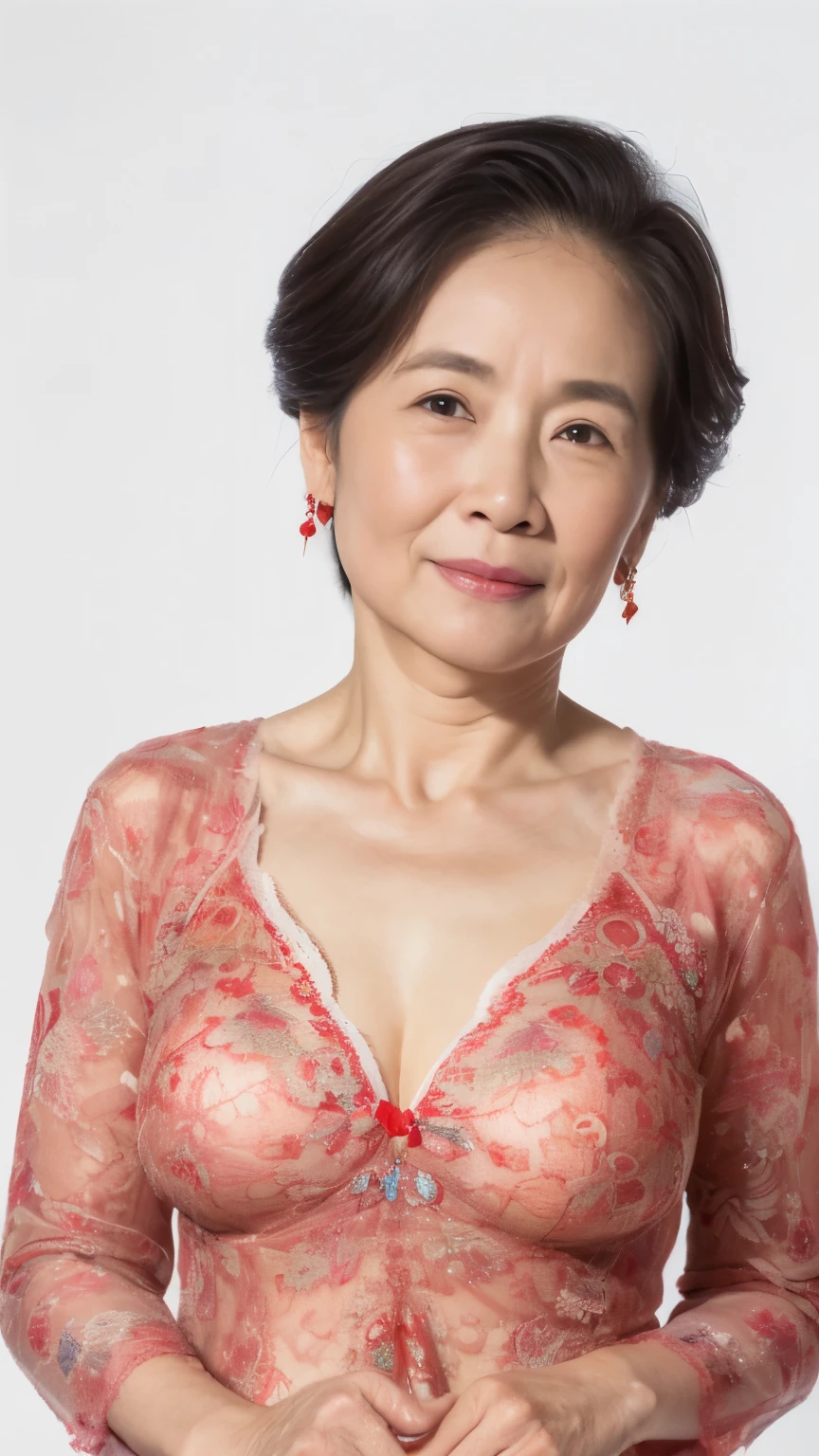 Vertical three-part composition, Sharpen, Single-color background, gravure, masutepiece, Best Quality, Ultra-detailed, Photorealistic, super detailed skin, Perfect Anatomy, (1 japanese mature woman), (Solo), 90 years old, Large breasts, Mature AV Actress, glamor, A sexy, Chromo-white skin, Looking at Viewer,